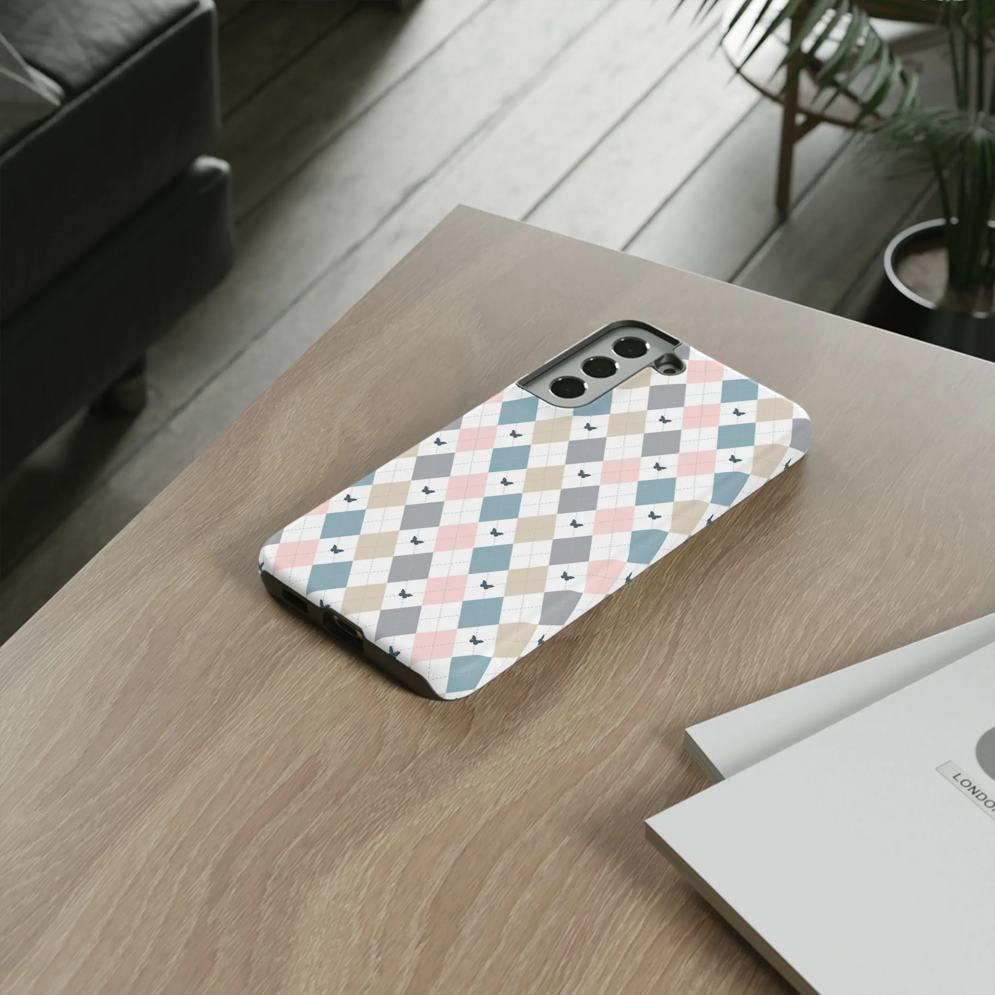 Argyle Pastel Plaid and Butterflies print design Tough Phone Case compatible with a large variety of Samsung models