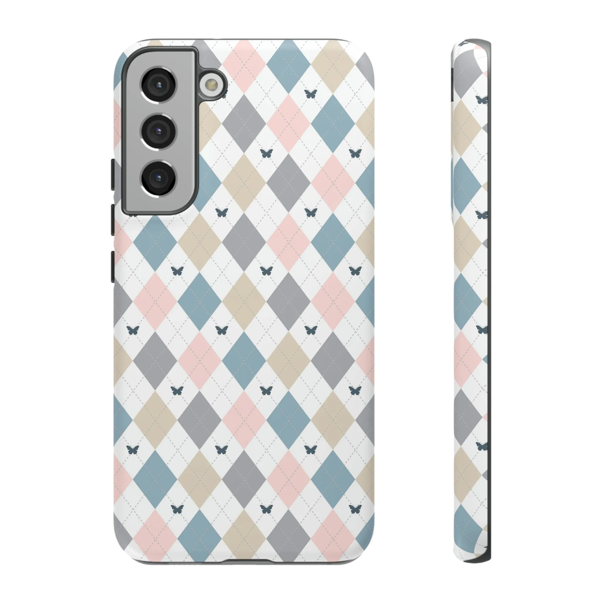 Argyle Pastel Plaid and Butterflies print design Tough Phone Case compatible with a large variety of Samsung models