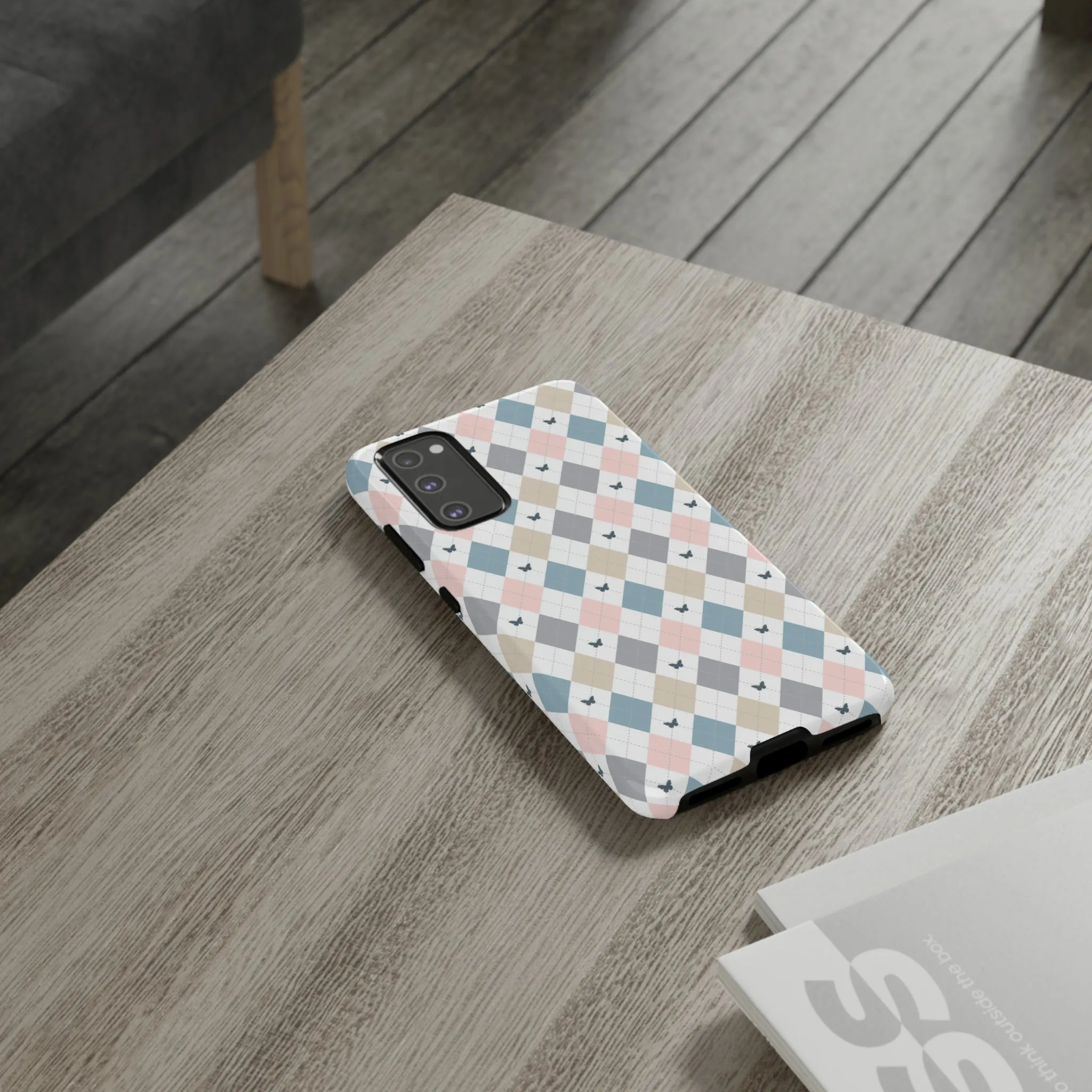 Argyle Pastel Plaid and Butterflies print design Tough Phone Case compatible with a large variety of Samsung models