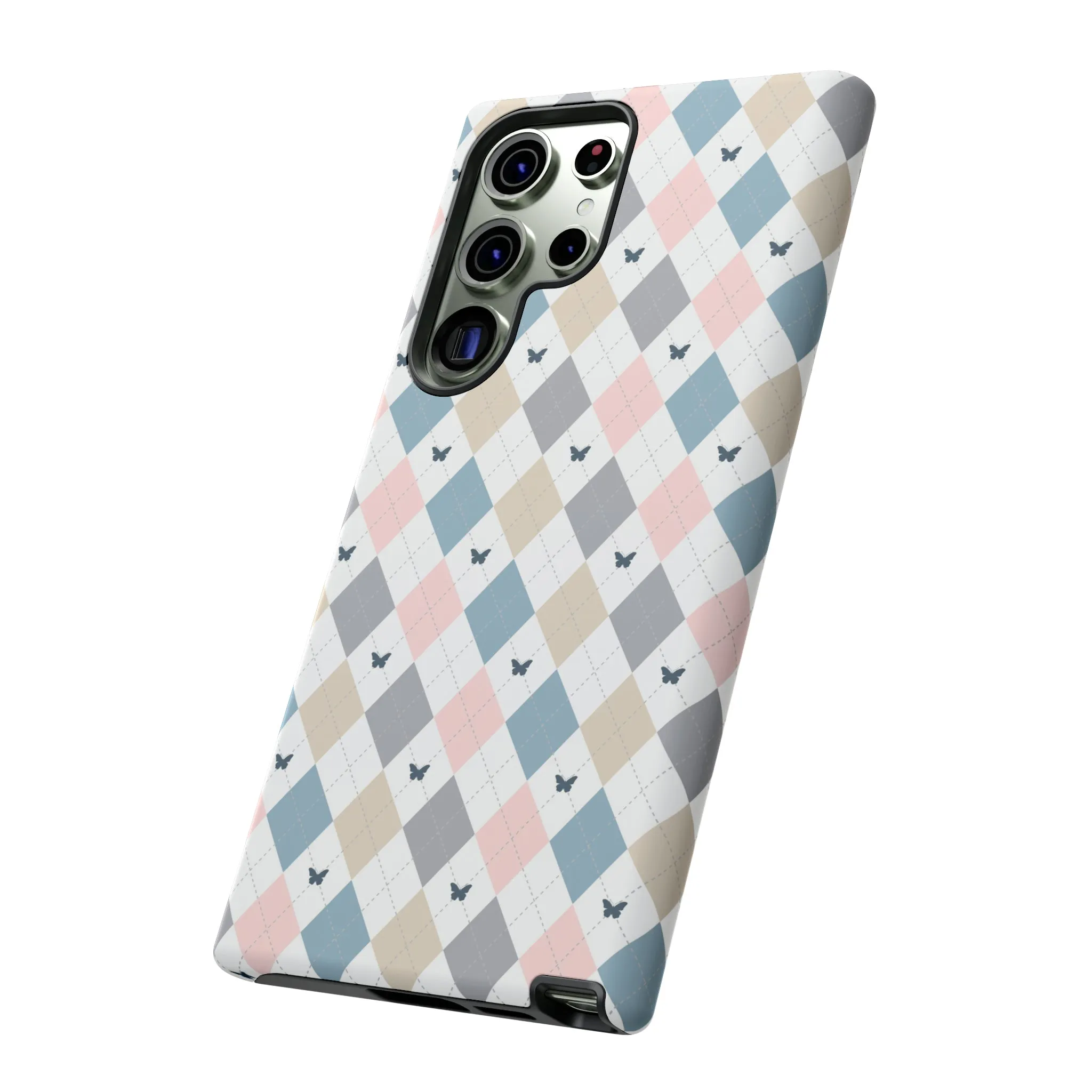 Argyle Pastel Plaid and Butterflies print design Tough Phone Case compatible with a large variety of Samsung models