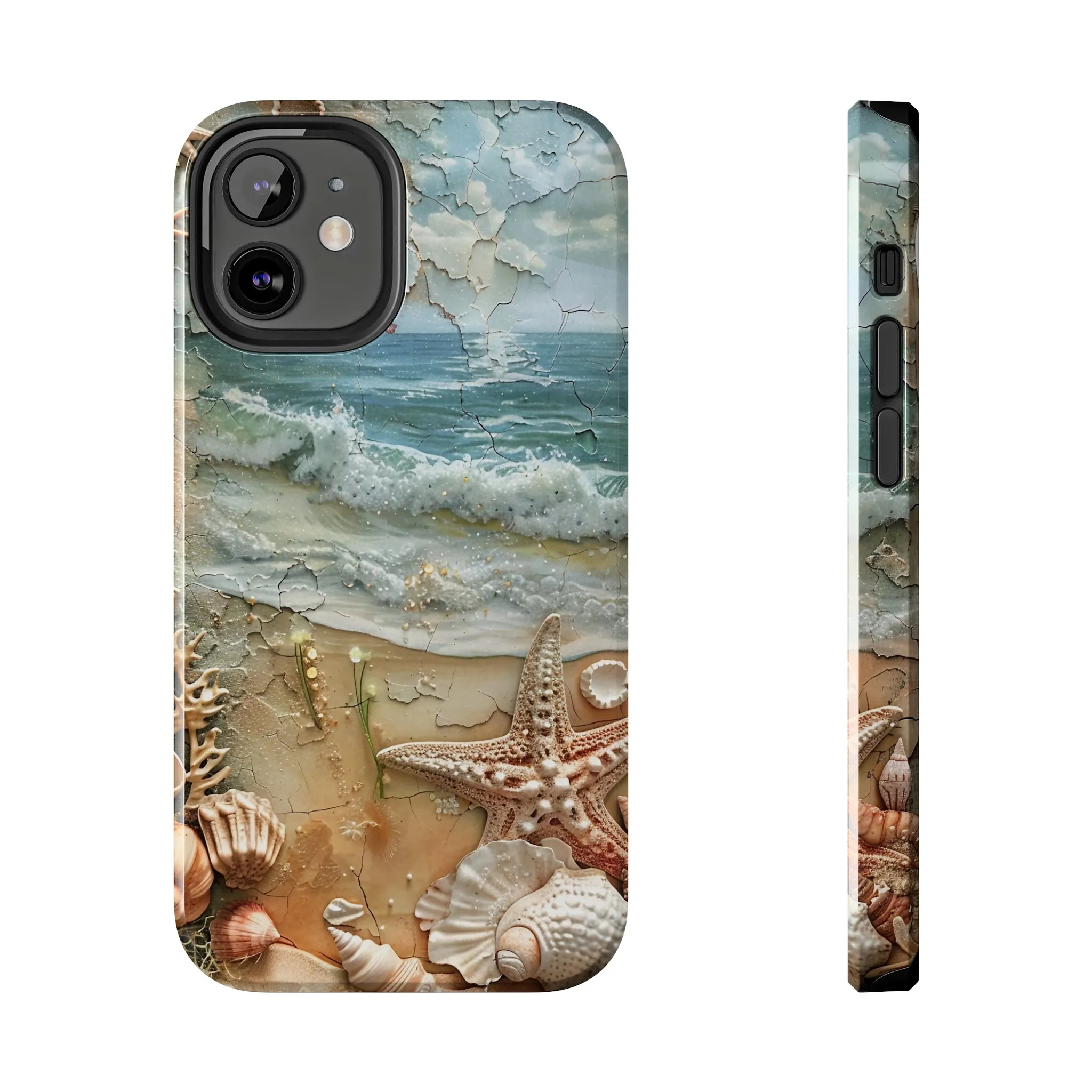 Beach Inspired iPhone Case, Ocean Waves Starfish Shell Art, Protective Phone Cover, Unique Coastal Design, Trendy Sea Life Accessory, Tough iPhone Case