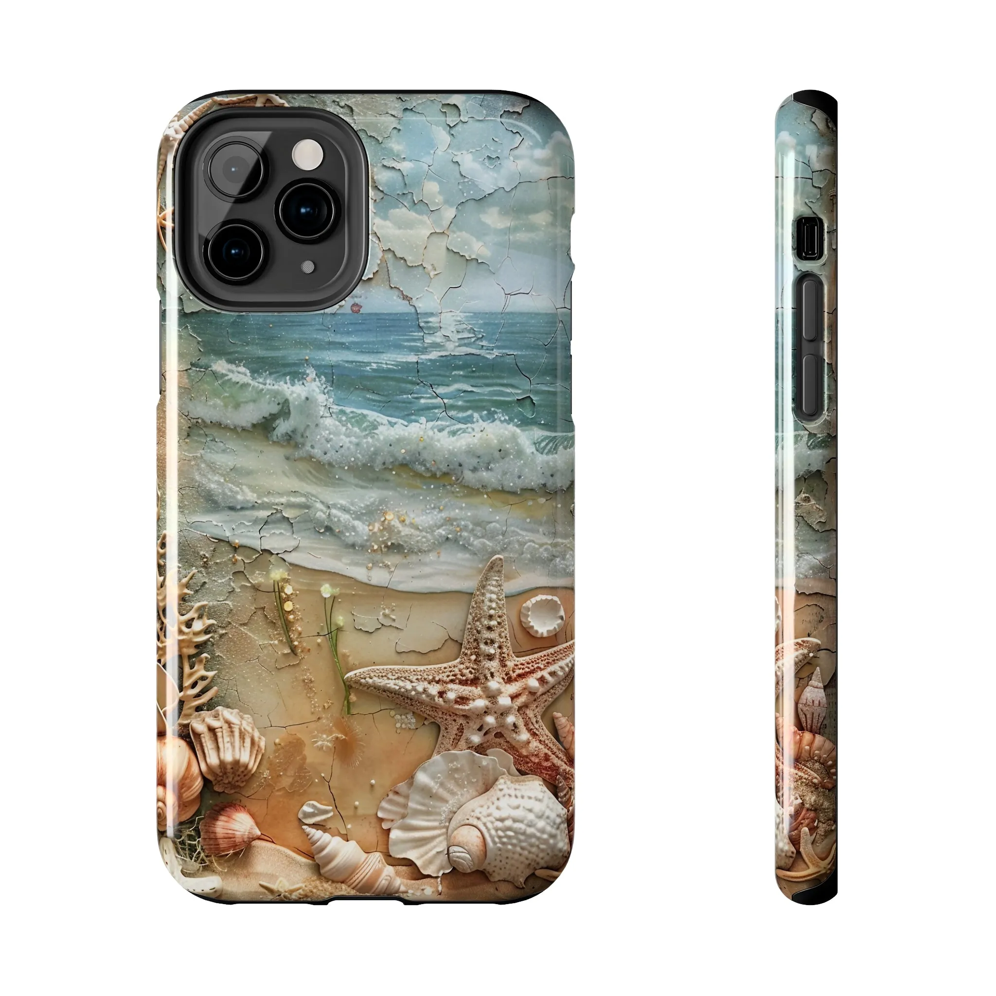 Beach Inspired iPhone Case, Ocean Waves Starfish Shell Art, Protective Phone Cover, Unique Coastal Design, Trendy Sea Life Accessory, Tough iPhone Case