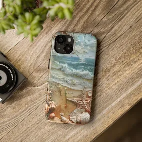 Beach Inspired iPhone Case, Ocean Waves Starfish Shell Art, Protective Phone Cover, Unique Coastal Design, Trendy Sea Life Accessory, Tough iPhone Case