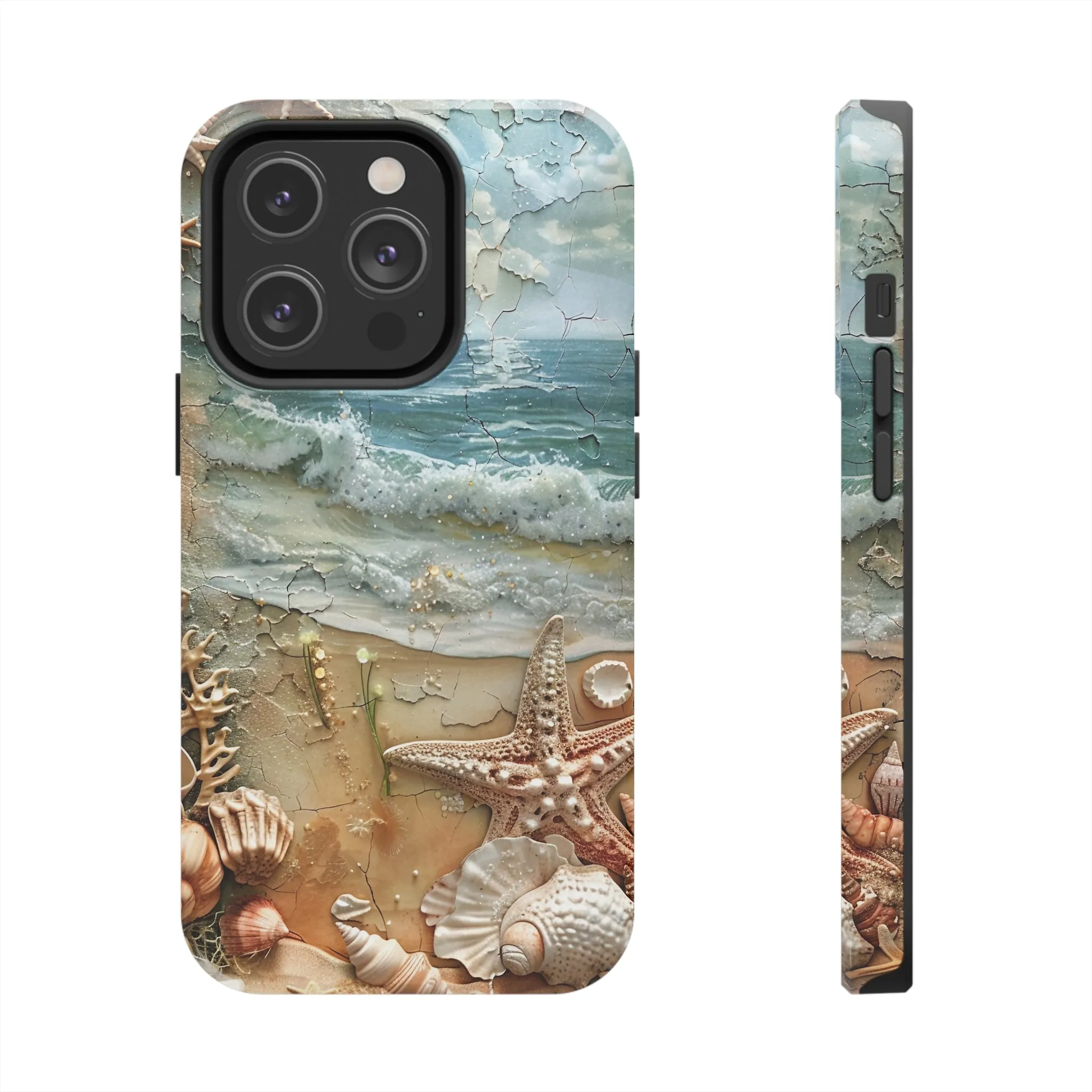 Beach Inspired iPhone Case, Ocean Waves Starfish Shell Art, Protective Phone Cover, Unique Coastal Design, Trendy Sea Life Accessory, Tough iPhone Case