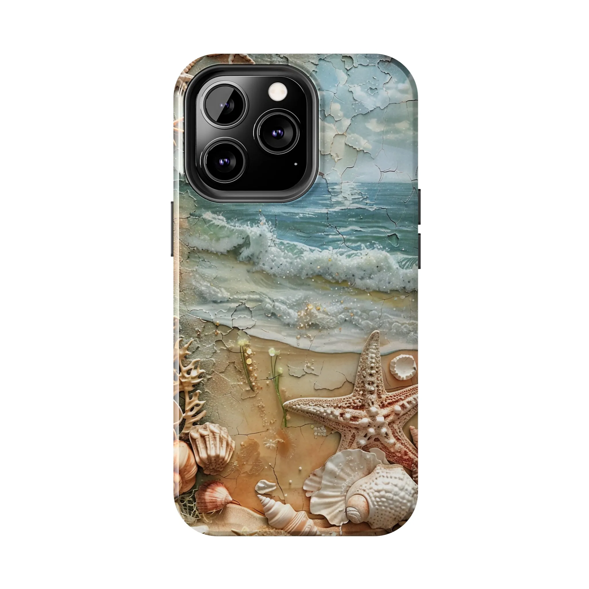 Beach Inspired iPhone Case, Ocean Waves Starfish Shell Art, Protective Phone Cover, Unique Coastal Design, Trendy Sea Life Accessory, Tough iPhone Case