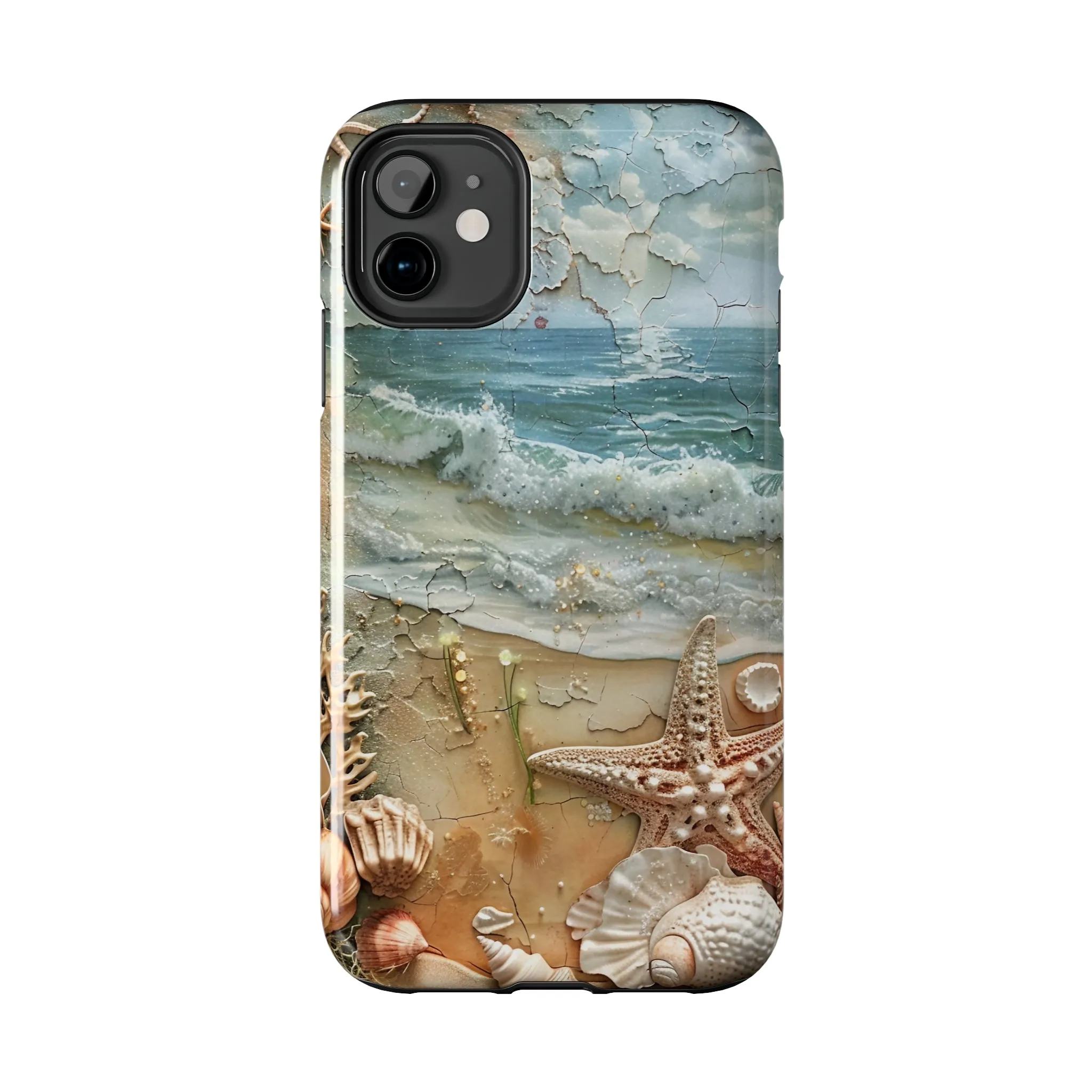 Beach Inspired iPhone Case, Ocean Waves Starfish Shell Art, Protective Phone Cover, Unique Coastal Design, Trendy Sea Life Accessory, Tough iPhone Case