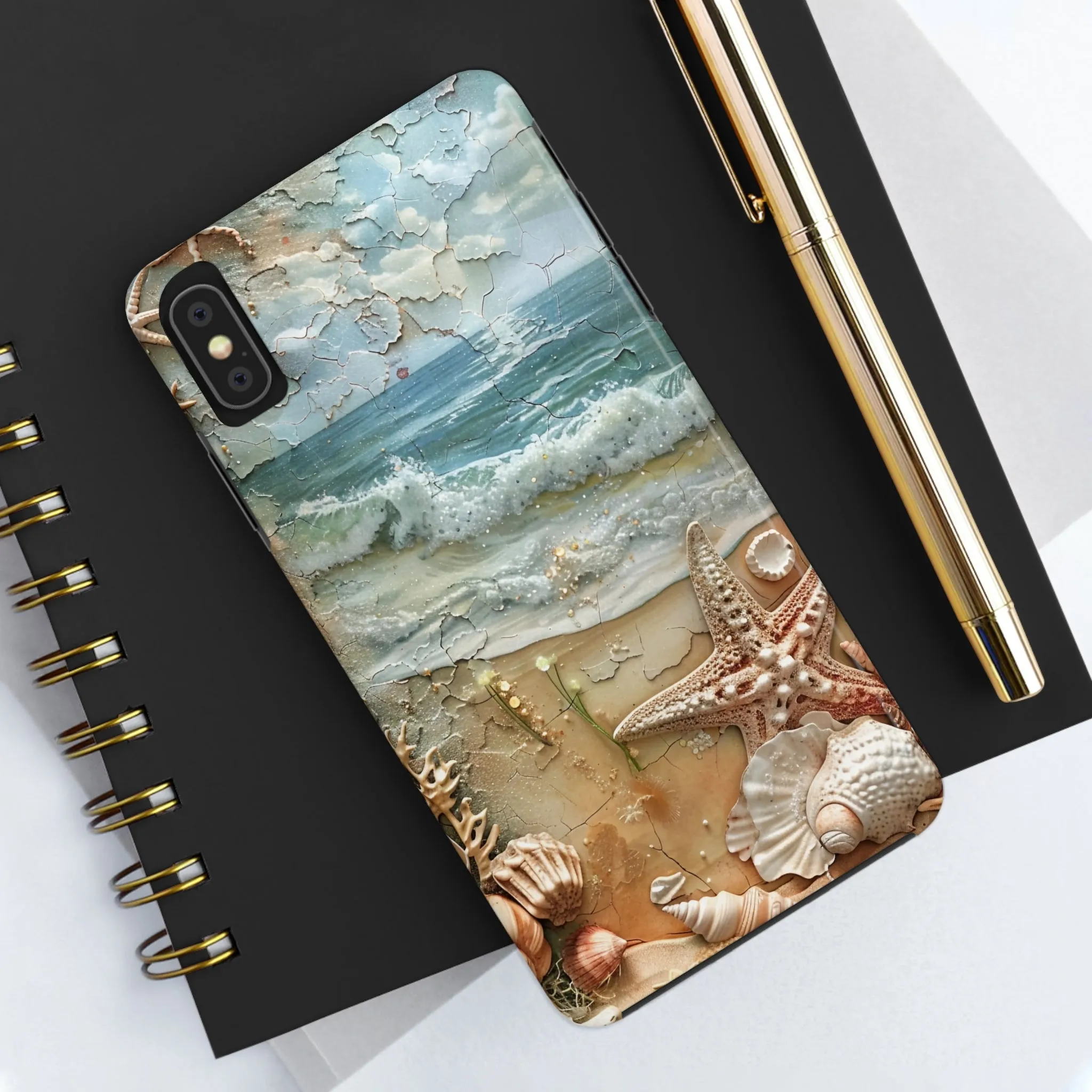 Beach Inspired iPhone Case, Ocean Waves Starfish Shell Art, Protective Phone Cover, Unique Coastal Design, Trendy Sea Life Accessory, Tough iPhone Case