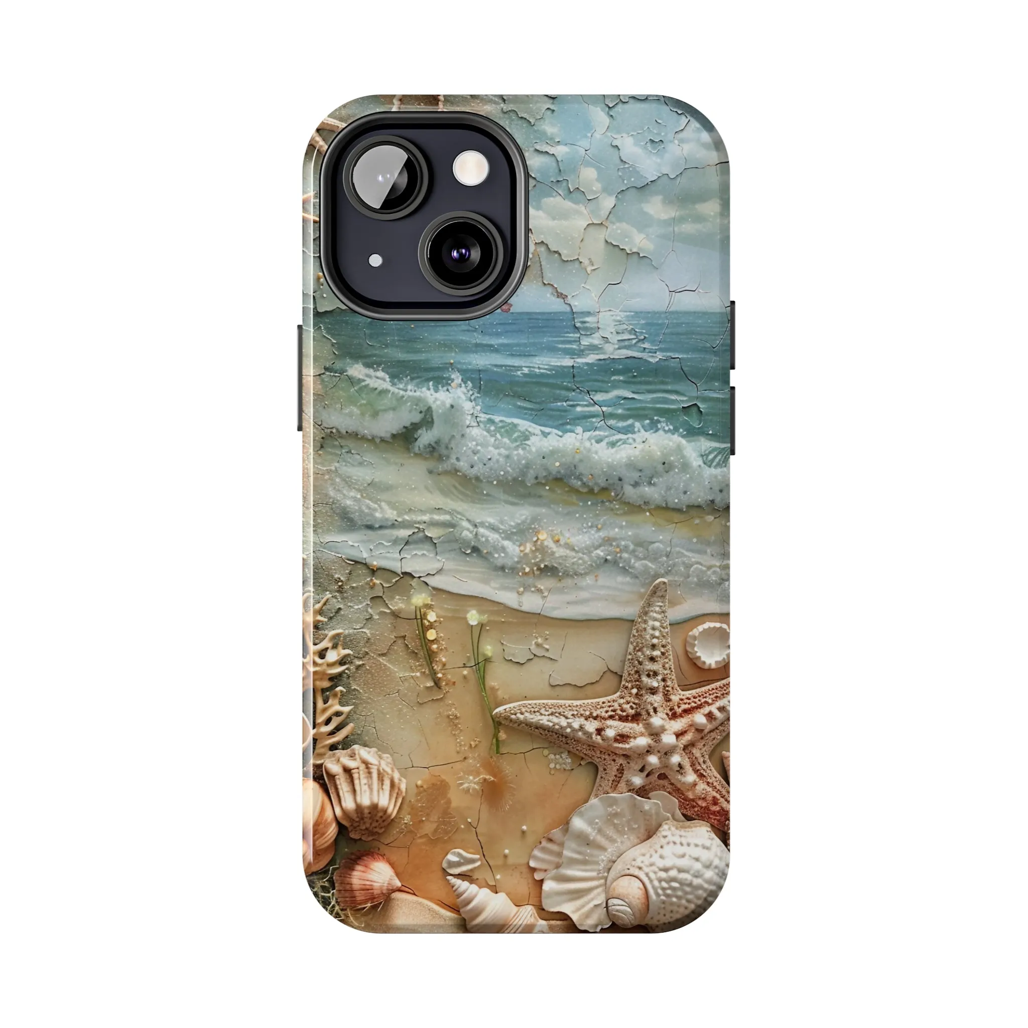 Beach Inspired iPhone Case, Ocean Waves Starfish Shell Art, Protective Phone Cover, Unique Coastal Design, Trendy Sea Life Accessory, Tough iPhone Case