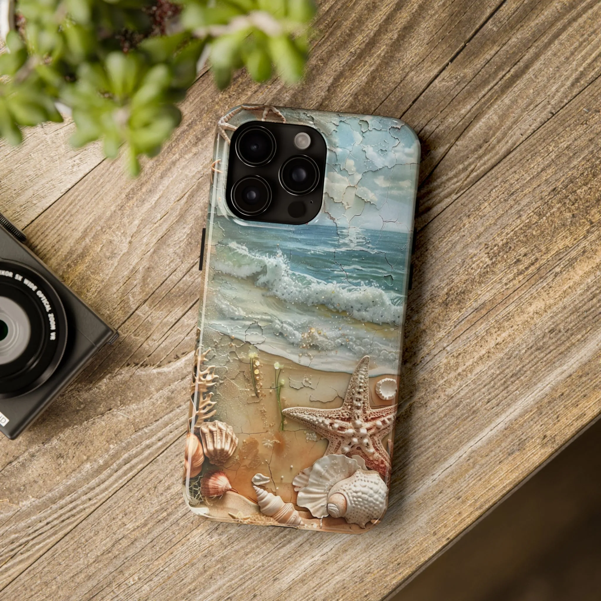 Beach Inspired iPhone Case, Ocean Waves Starfish Shell Art, Protective Phone Cover, Unique Coastal Design, Trendy Sea Life Accessory, Tough iPhone Case