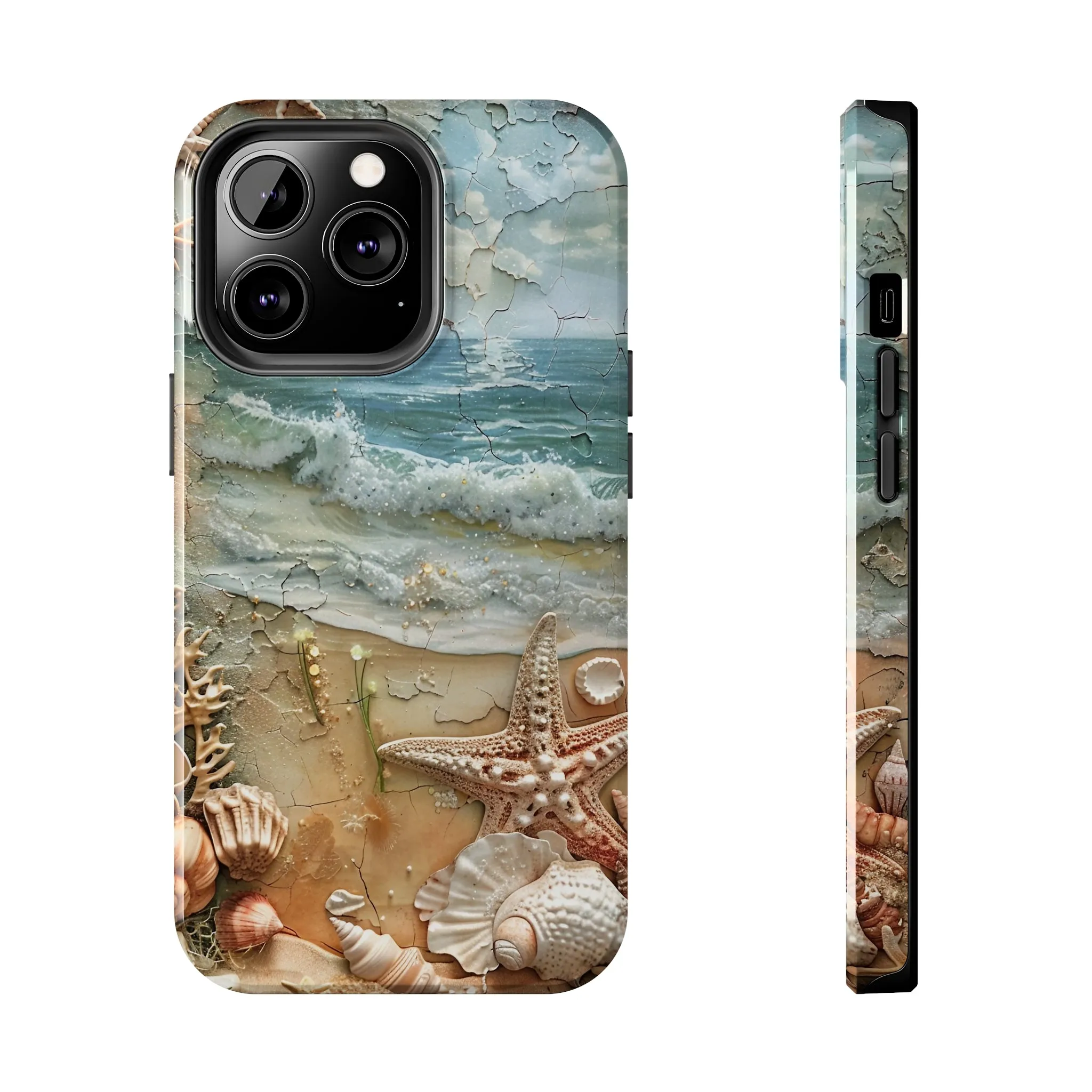 Beach Inspired iPhone Case, Ocean Waves Starfish Shell Art, Protective Phone Cover, Unique Coastal Design, Trendy Sea Life Accessory, Tough iPhone Case