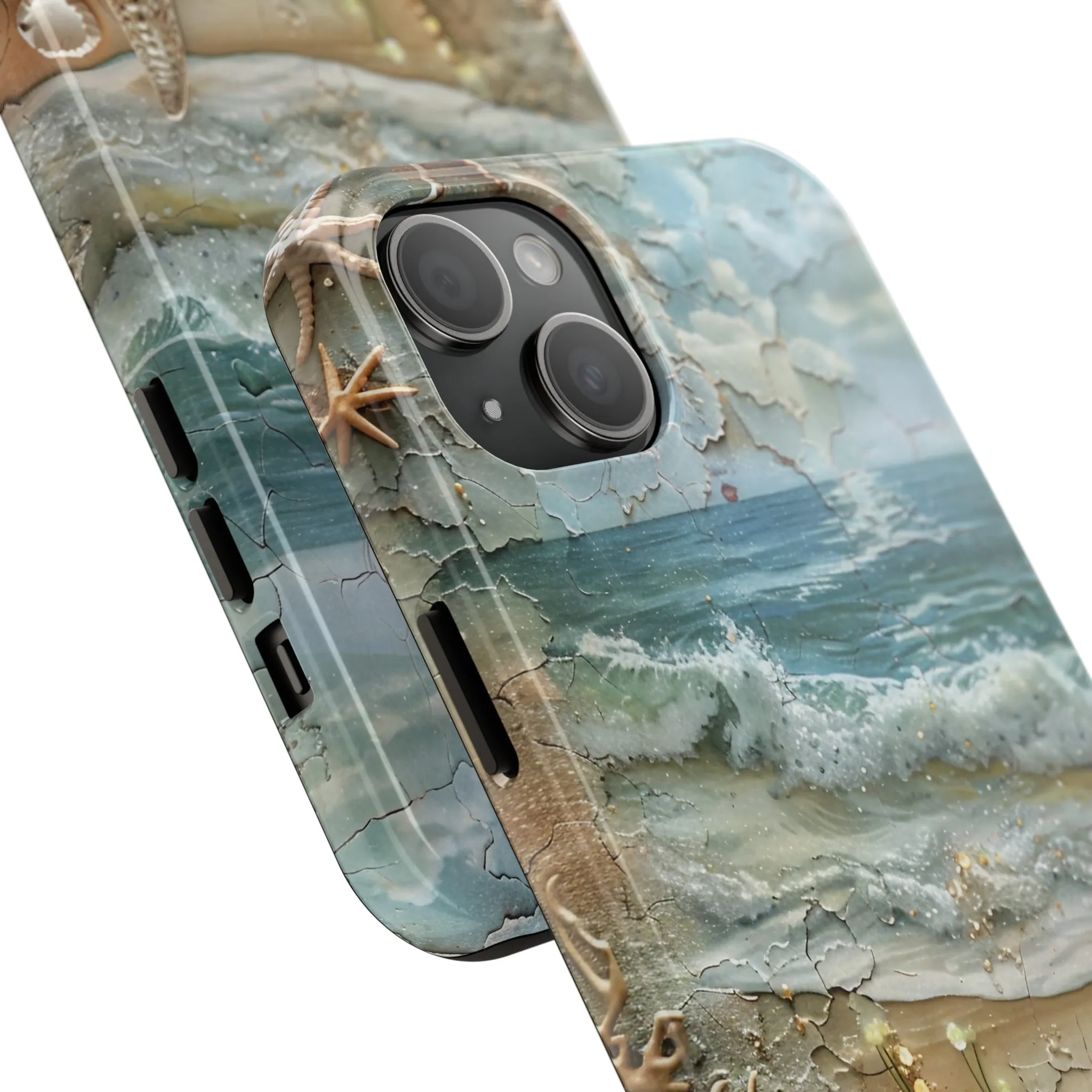 Beach Inspired iPhone Case, Ocean Waves Starfish Shell Art, Protective Phone Cover, Unique Coastal Design, Trendy Sea Life Accessory, Tough iPhone Case