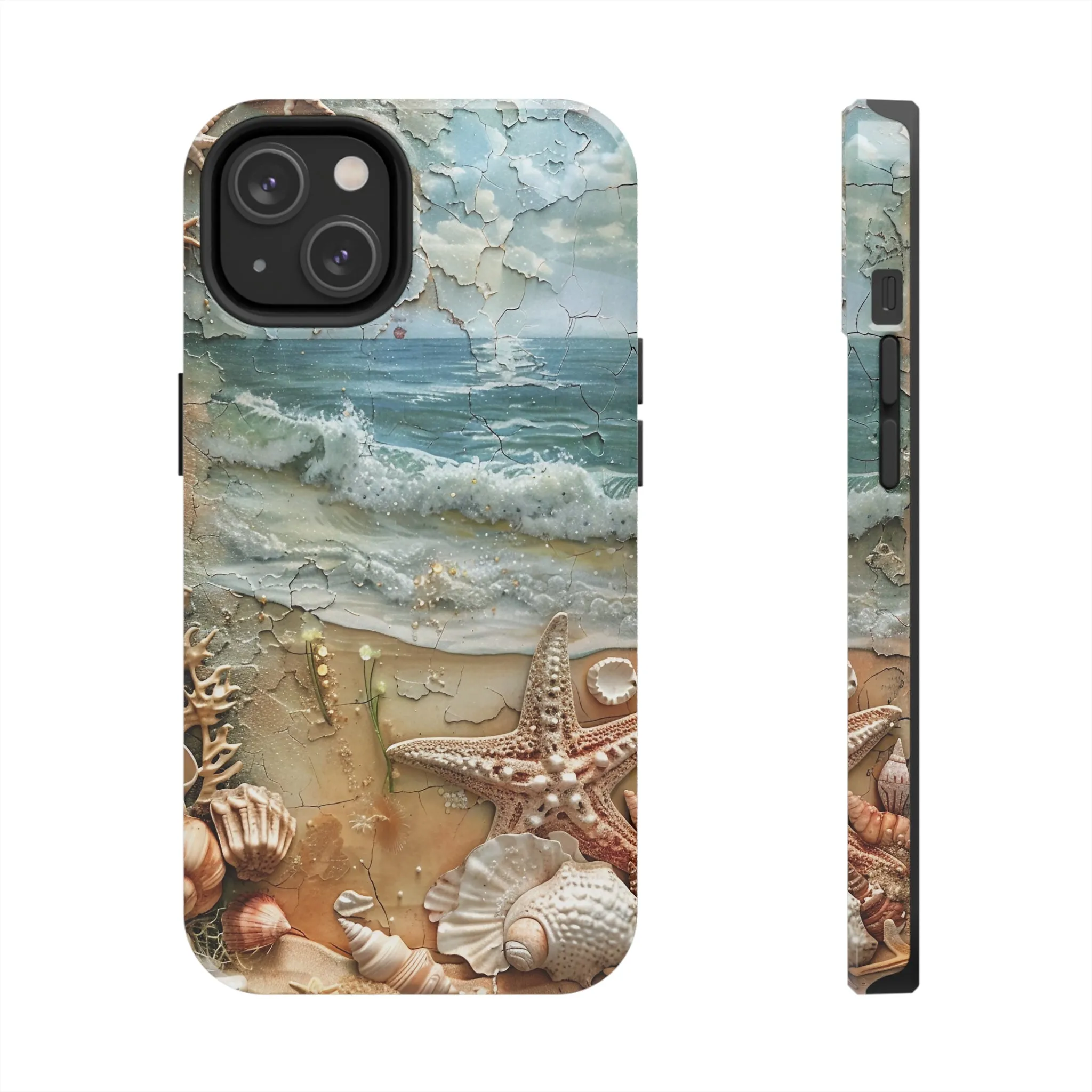 Beach Inspired iPhone Case, Ocean Waves Starfish Shell Art, Protective Phone Cover, Unique Coastal Design, Trendy Sea Life Accessory, Tough iPhone Case