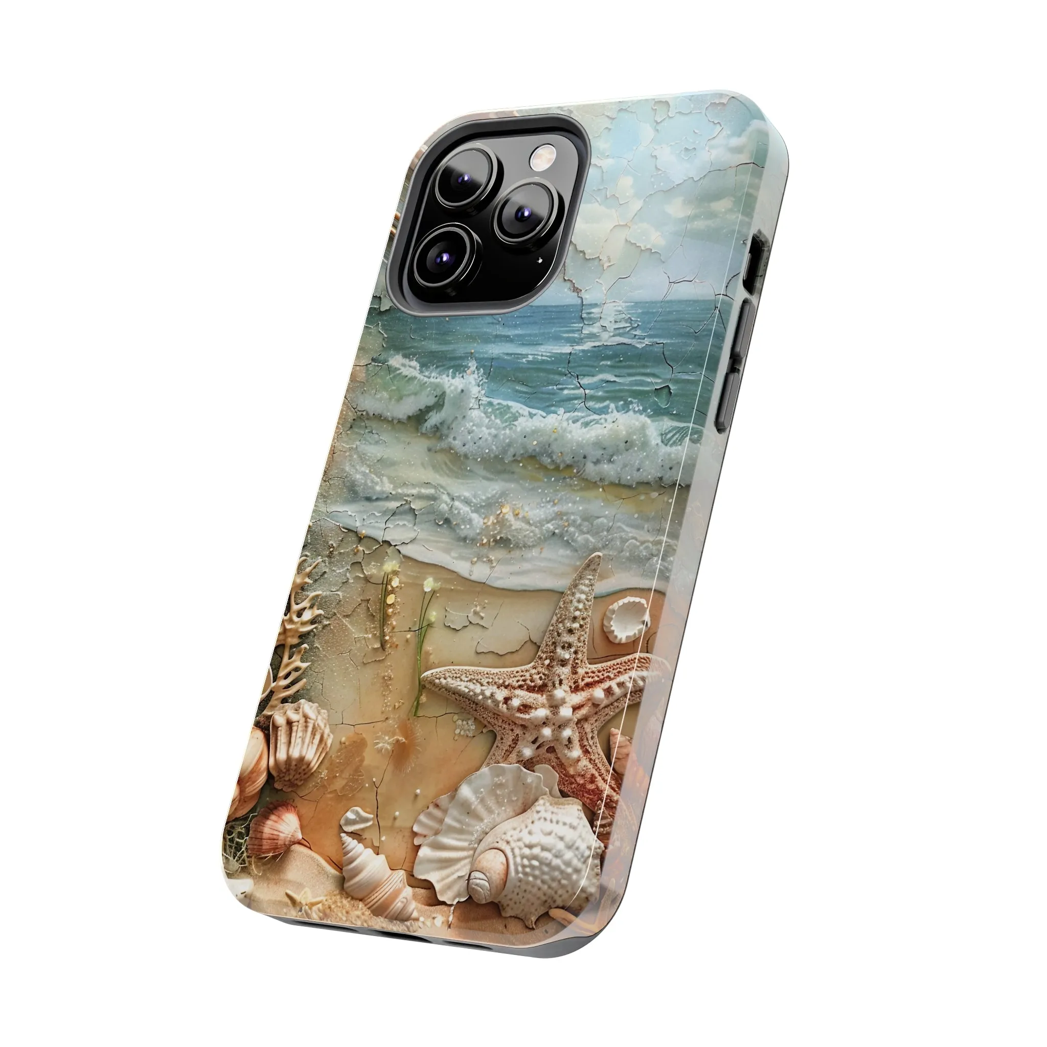 Beach Inspired iPhone Case, Ocean Waves Starfish Shell Art, Protective Phone Cover, Unique Coastal Design, Trendy Sea Life Accessory, Tough iPhone Case