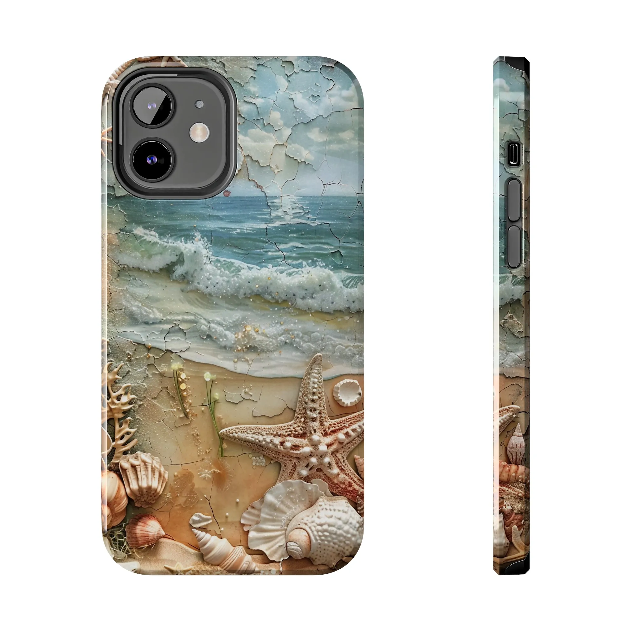 Beach Inspired iPhone Case, Ocean Waves Starfish Shell Art, Protective Phone Cover, Unique Coastal Design, Trendy Sea Life Accessory, Tough iPhone Case