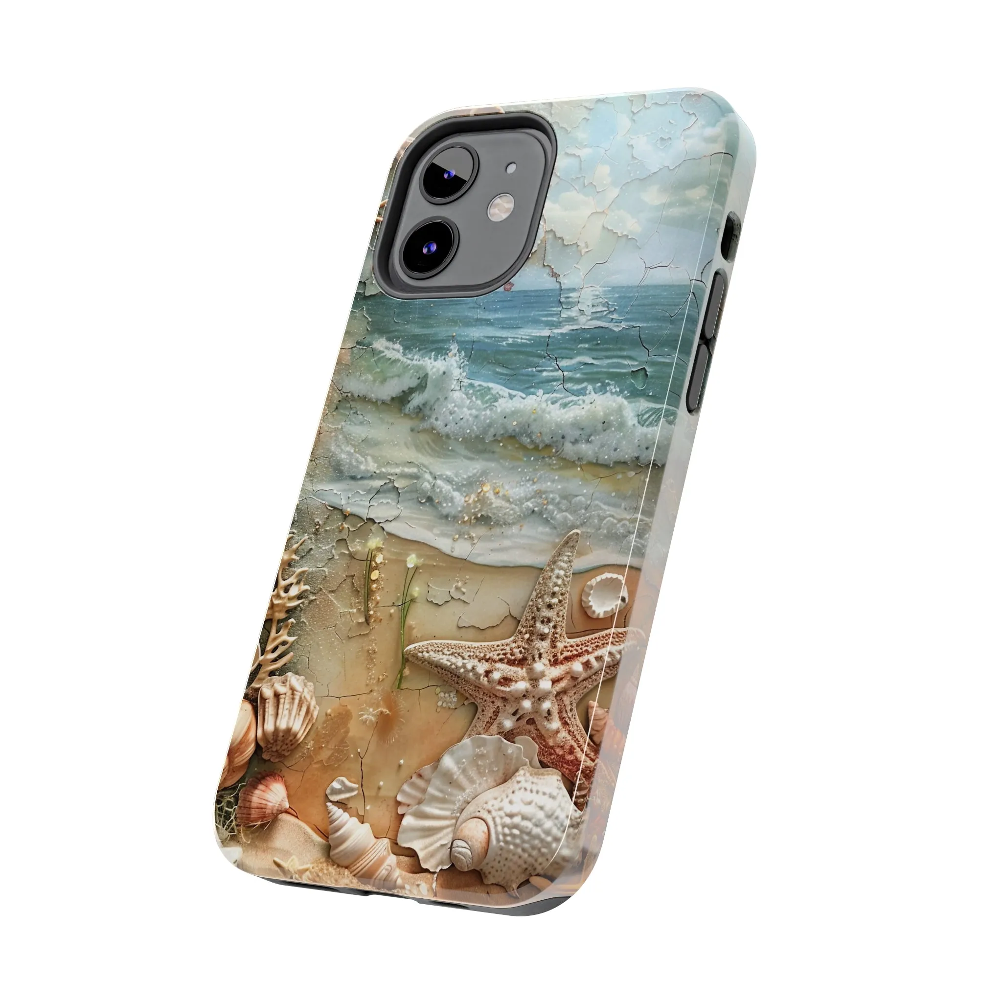 Beach Inspired iPhone Case, Ocean Waves Starfish Shell Art, Protective Phone Cover, Unique Coastal Design, Trendy Sea Life Accessory, Tough iPhone Case