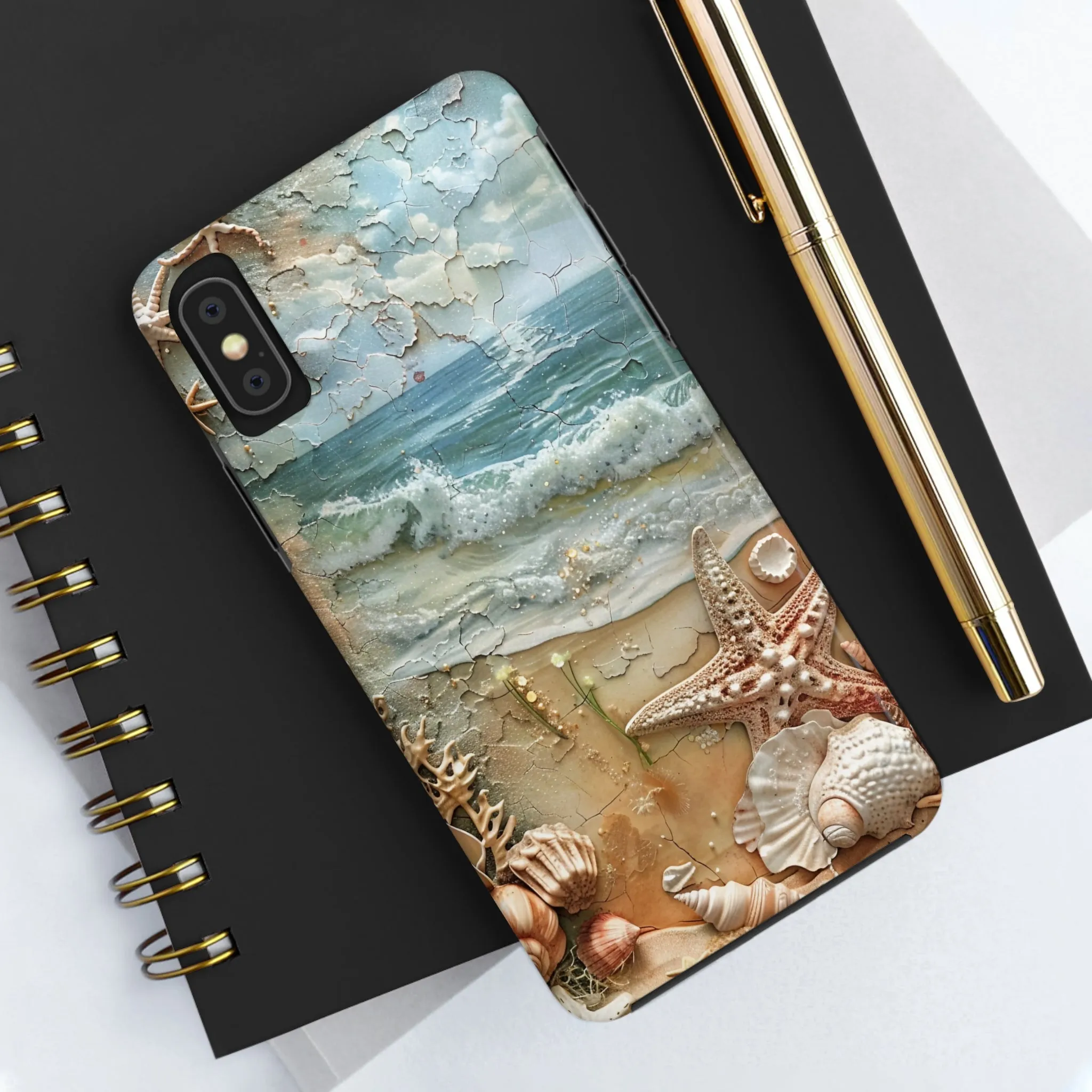 Beach Inspired iPhone Case, Ocean Waves Starfish Shell Art, Protective Phone Cover, Unique Coastal Design, Trendy Sea Life Accessory, Tough iPhone Case