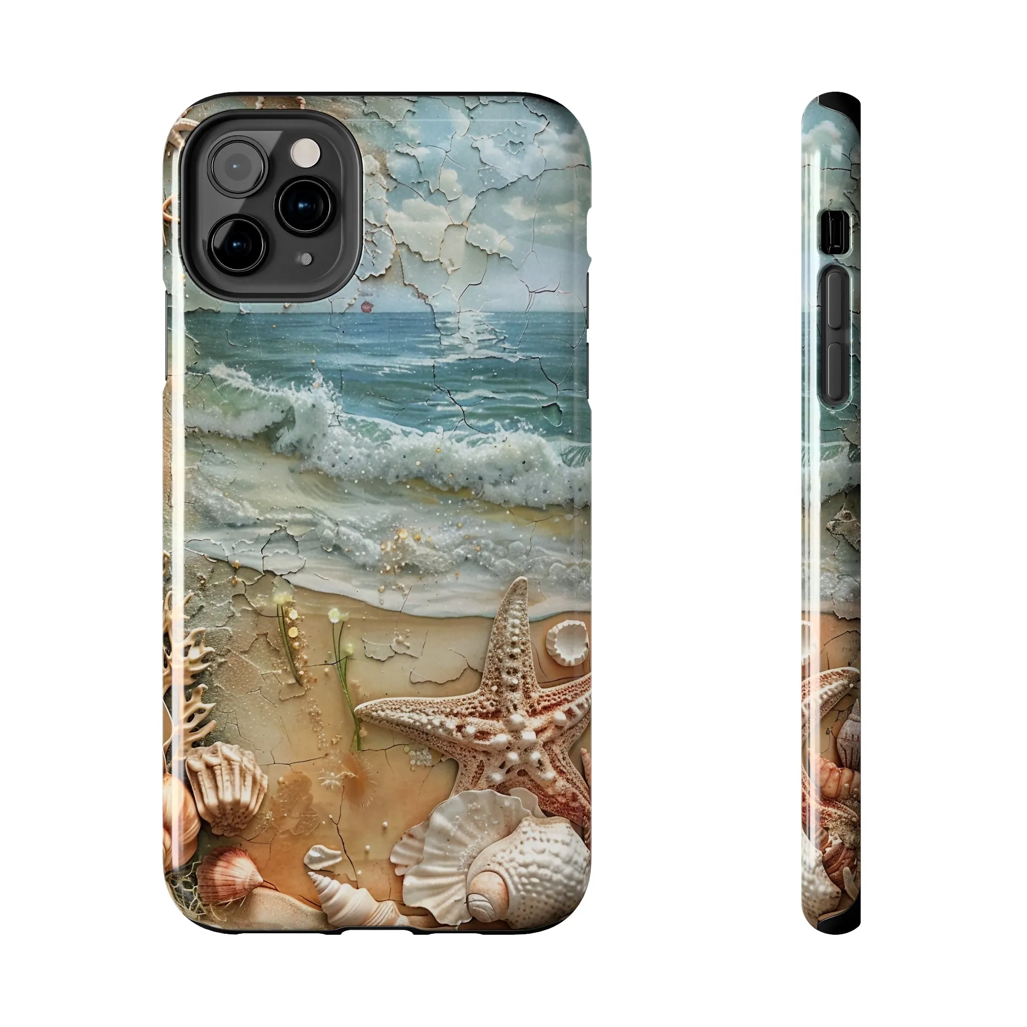 Beach Inspired iPhone Case, Ocean Waves Starfish Shell Art, Protective Phone Cover, Unique Coastal Design, Trendy Sea Life Accessory, Tough iPhone Case