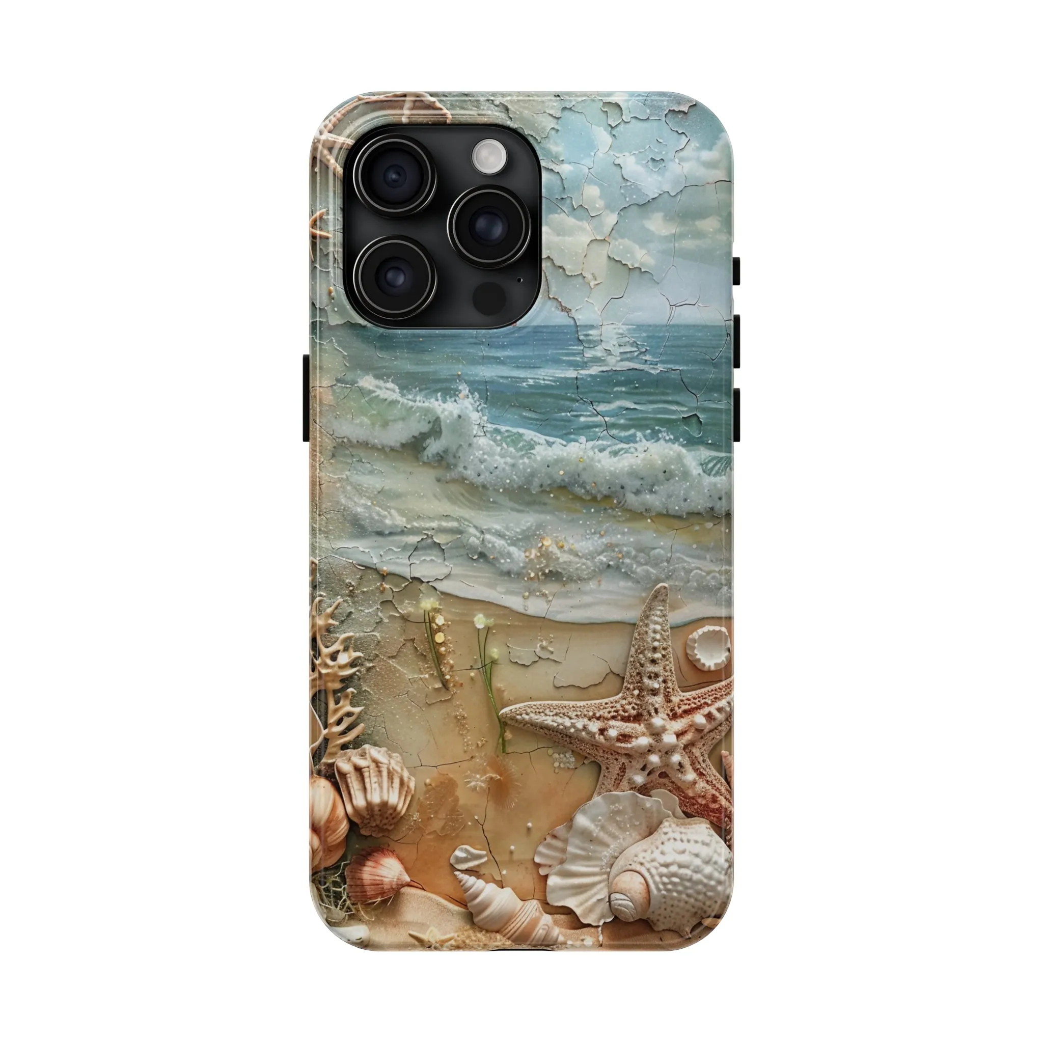 Beach Inspired iPhone Case, Ocean Waves Starfish Shell Art, Protective Phone Cover, Unique Coastal Design, Trendy Sea Life Accessory, Tough iPhone Case