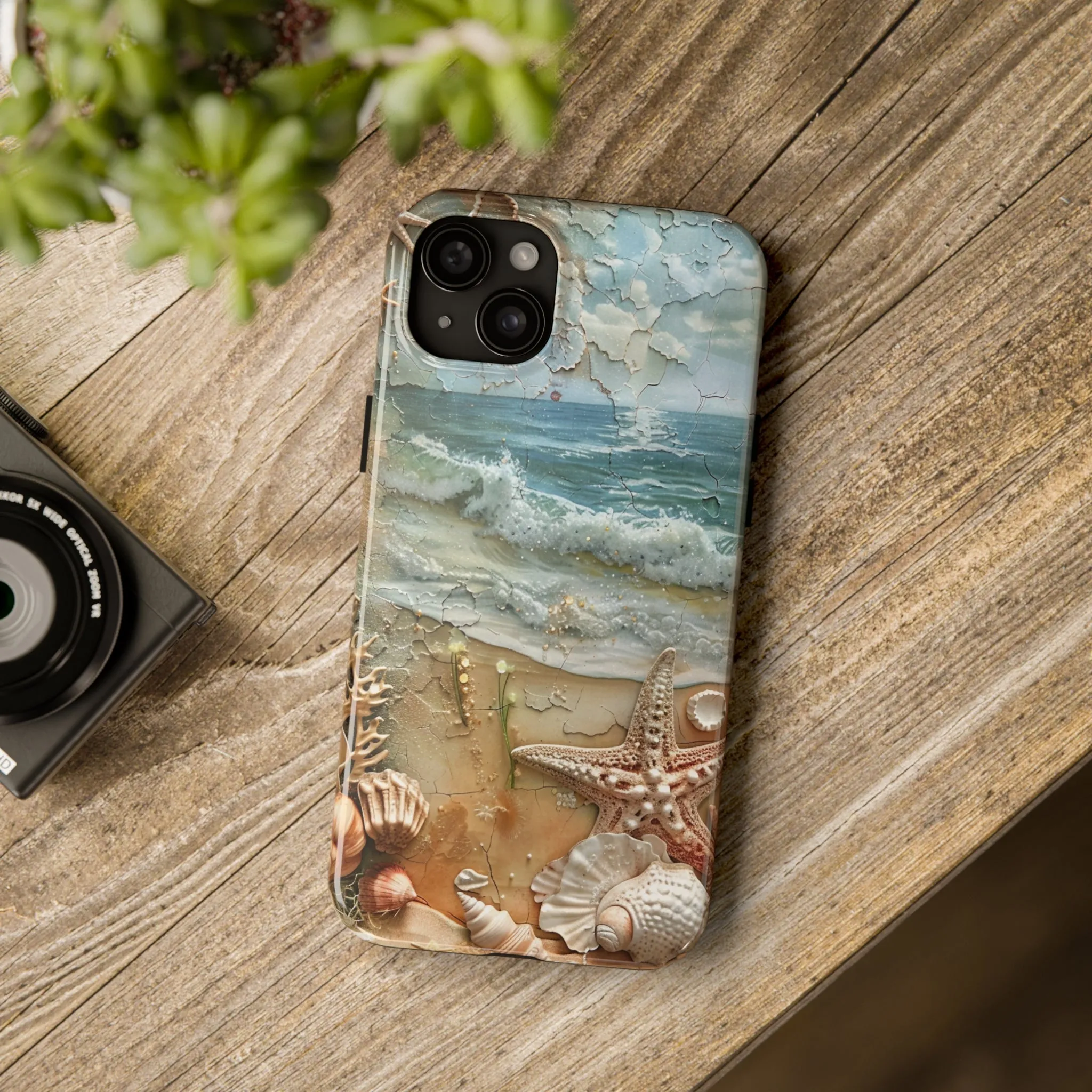 Beach Inspired iPhone Case, Ocean Waves Starfish Shell Art, Protective Phone Cover, Unique Coastal Design, Trendy Sea Life Accessory, Tough iPhone Case