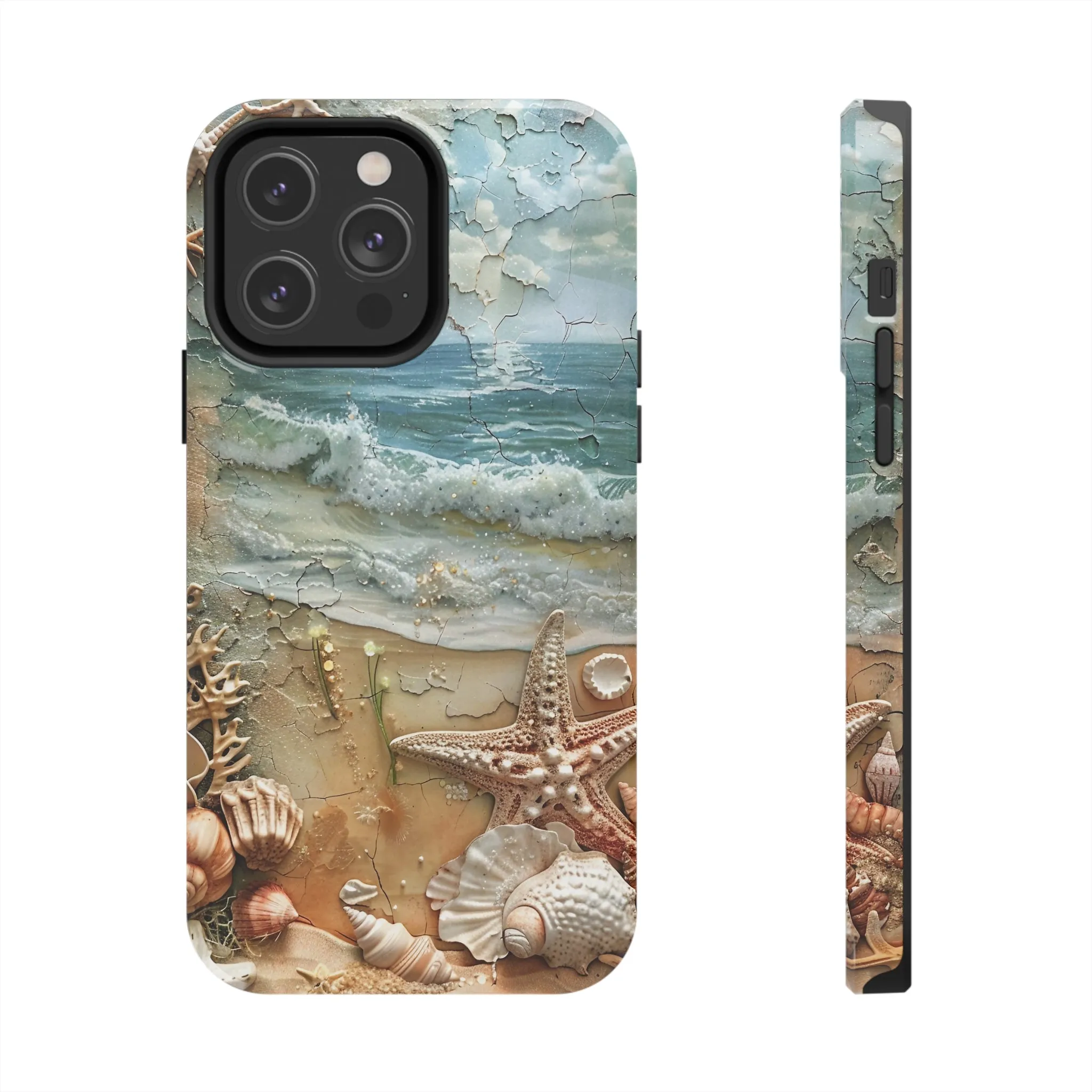 Beach Inspired iPhone Case, Ocean Waves Starfish Shell Art, Protective Phone Cover, Unique Coastal Design, Trendy Sea Life Accessory, Tough iPhone Case