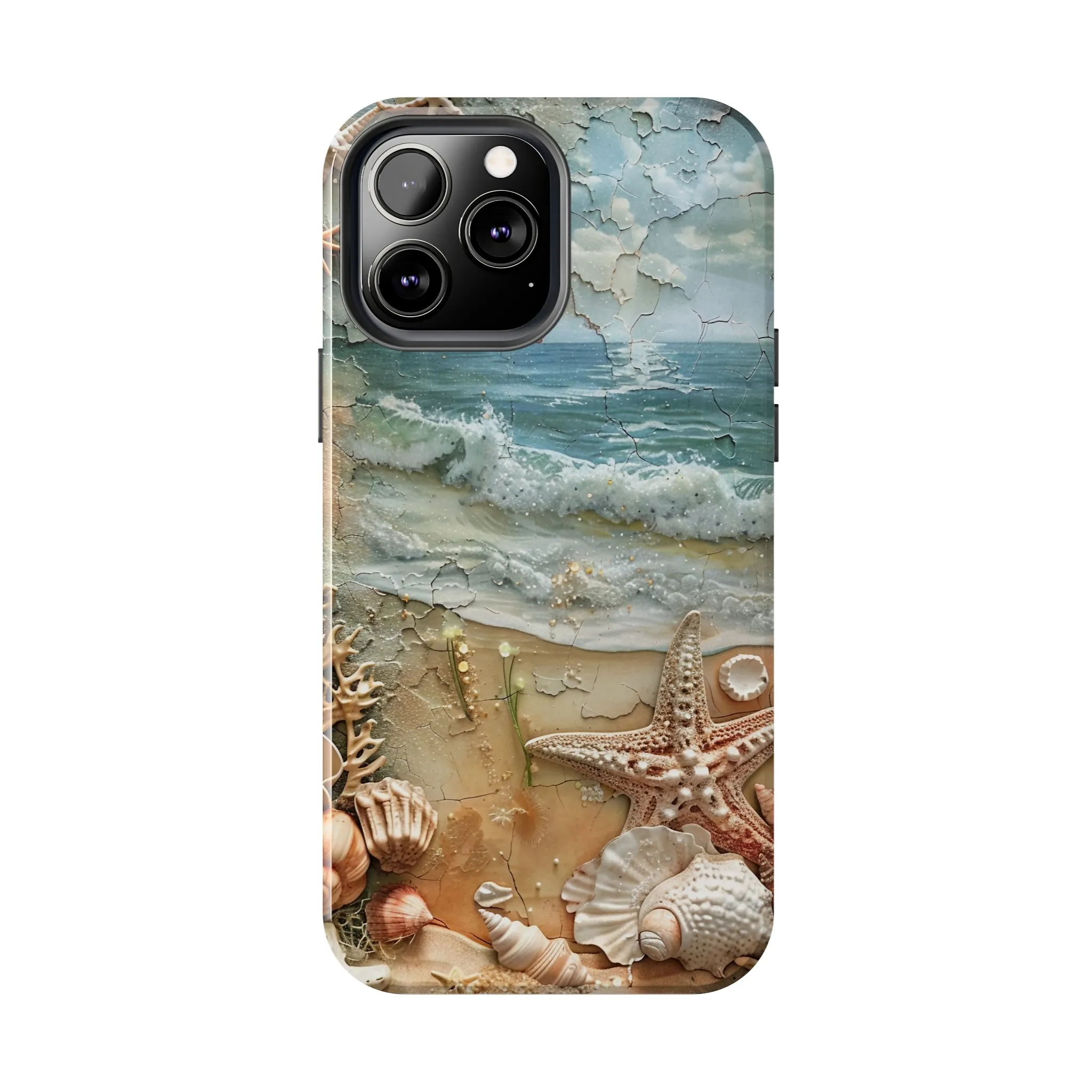 Beach Inspired iPhone Case, Ocean Waves Starfish Shell Art, Protective Phone Cover, Unique Coastal Design, Trendy Sea Life Accessory, Tough iPhone Case