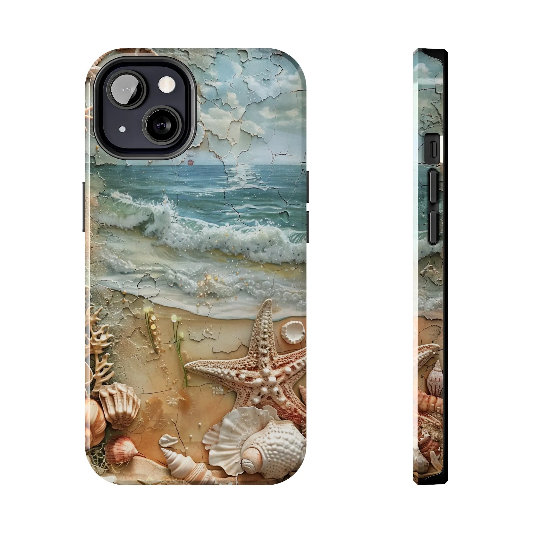 Beach Inspired iPhone Case, Ocean Waves Starfish Shell Art, Protective Phone Cover, Unique Coastal Design, Trendy Sea Life Accessory, Tough iPhone Case