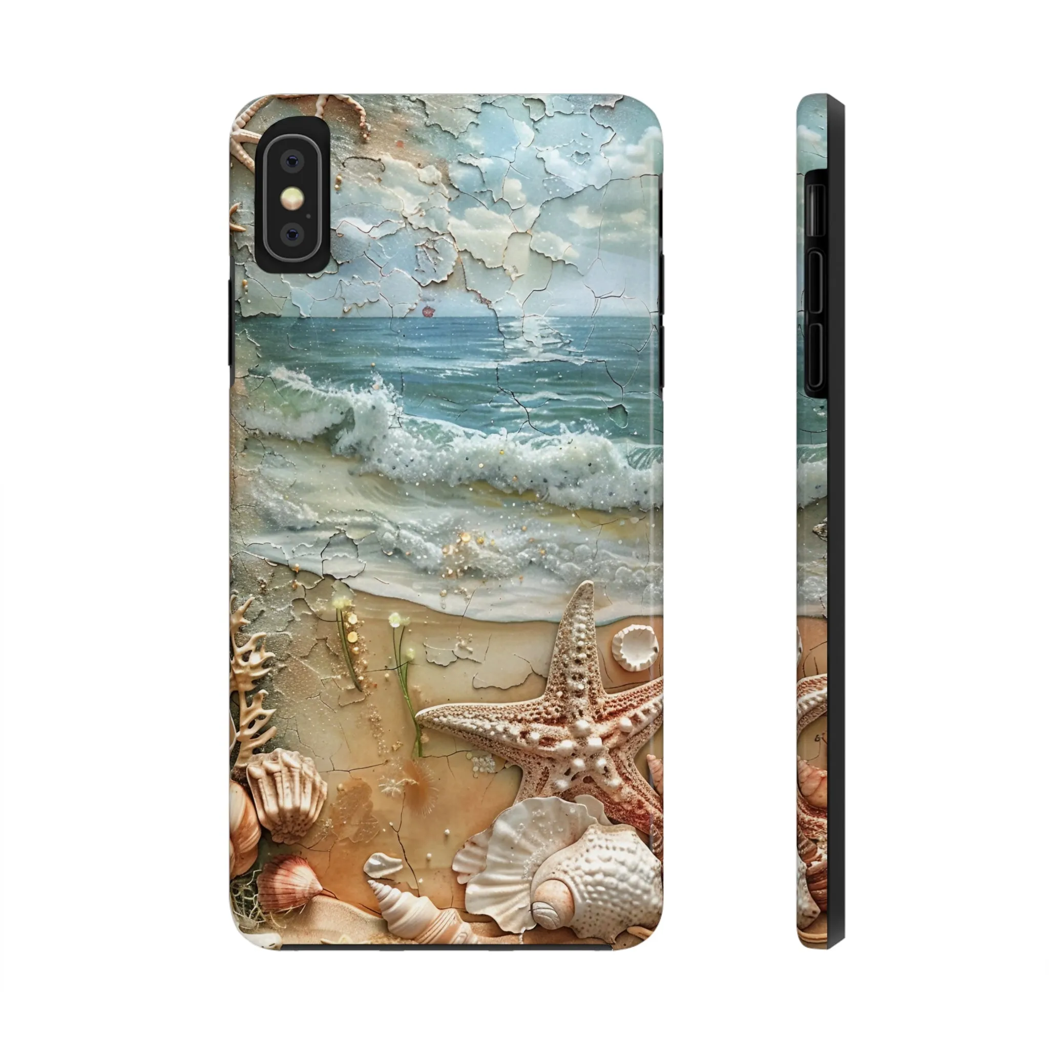 Beach Inspired iPhone Case, Ocean Waves Starfish Shell Art, Protective Phone Cover, Unique Coastal Design, Trendy Sea Life Accessory, Tough iPhone Case