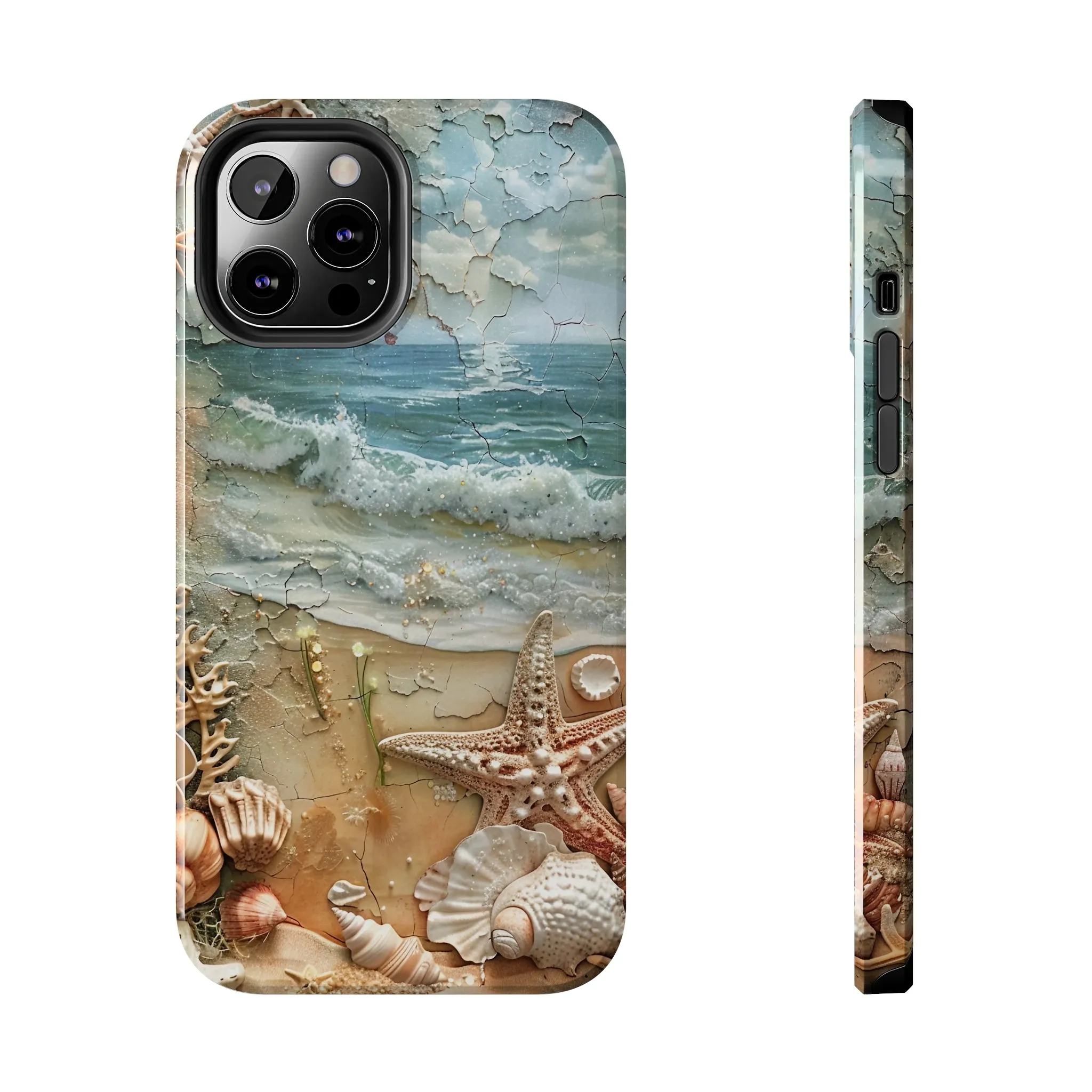 Beach Inspired iPhone Case, Ocean Waves Starfish Shell Art, Protective Phone Cover, Unique Coastal Design, Trendy Sea Life Accessory, Tough iPhone Case