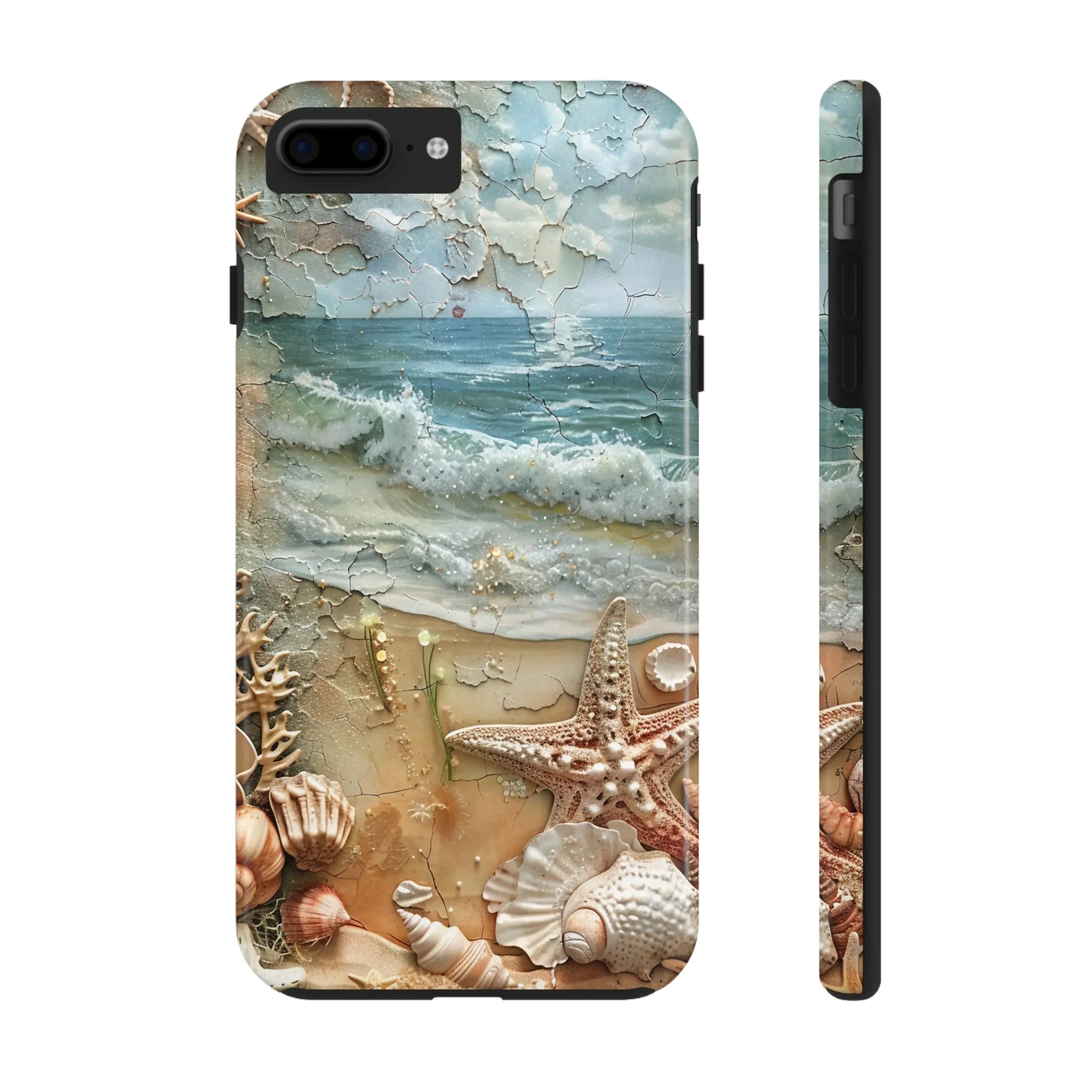 Beach Inspired iPhone Case, Ocean Waves Starfish Shell Art, Protective Phone Cover, Unique Coastal Design, Trendy Sea Life Accessory, Tough iPhone Case