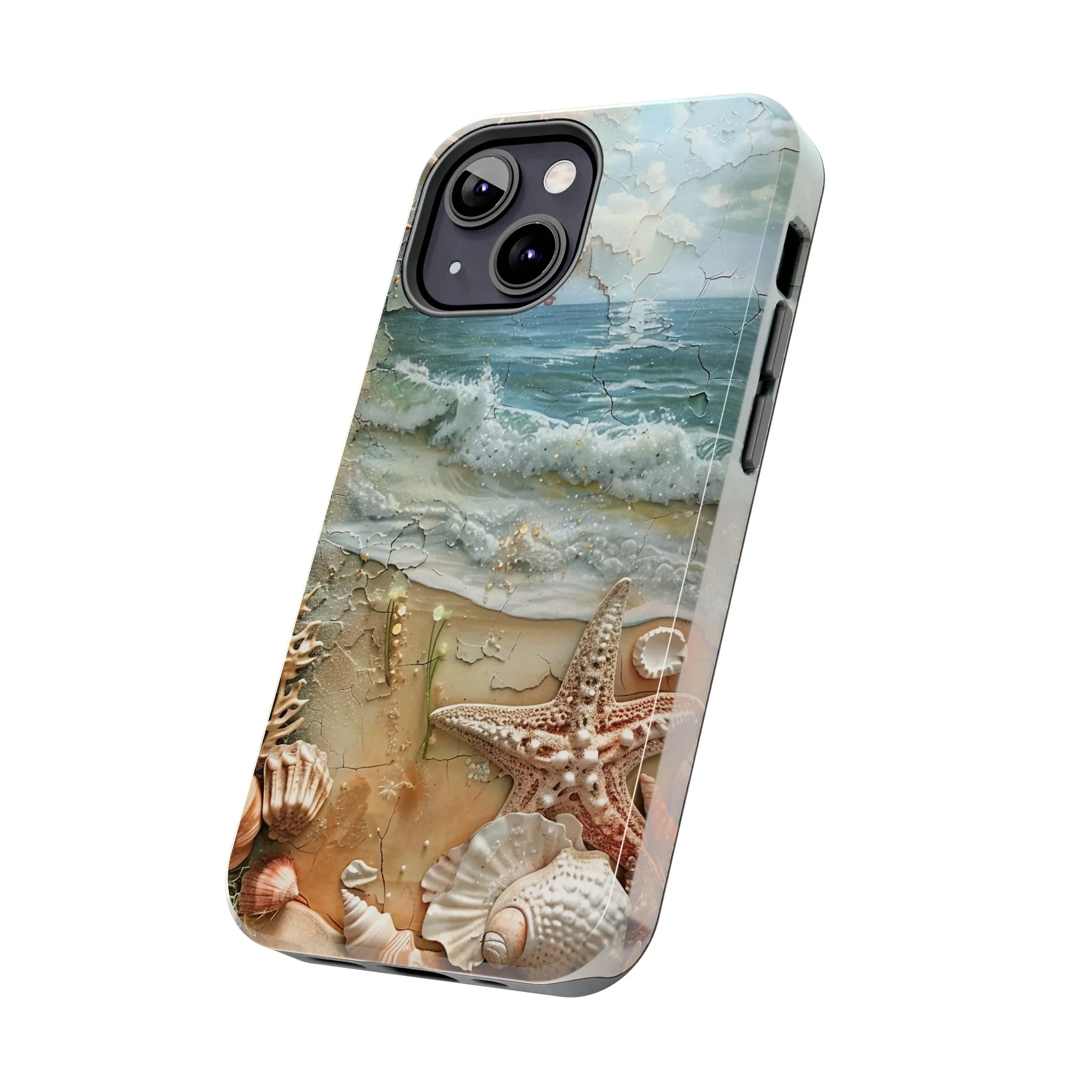 Beach Inspired iPhone Case, Ocean Waves Starfish Shell Art, Protective Phone Cover, Unique Coastal Design, Trendy Sea Life Accessory, Tough iPhone Case