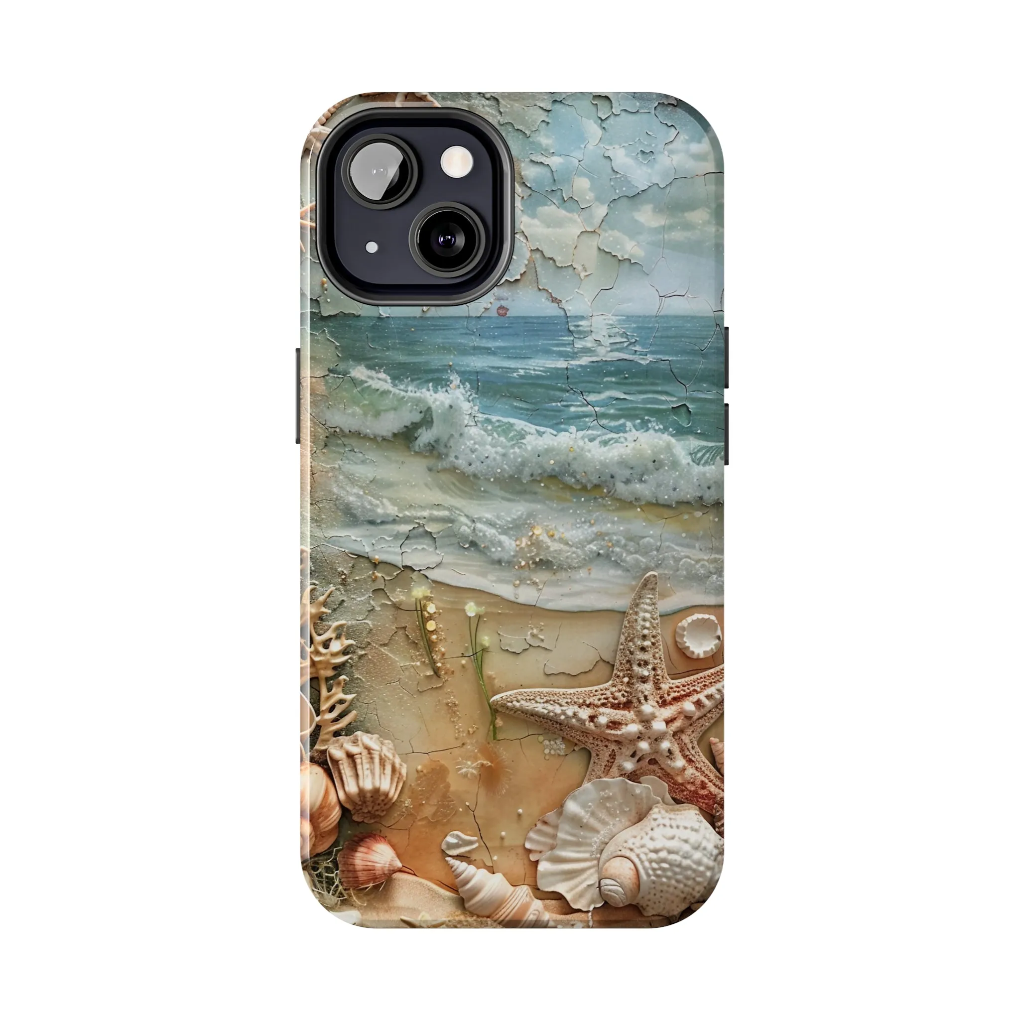 Beach Inspired iPhone Case, Ocean Waves Starfish Shell Art, Protective Phone Cover, Unique Coastal Design, Trendy Sea Life Accessory, Tough iPhone Case