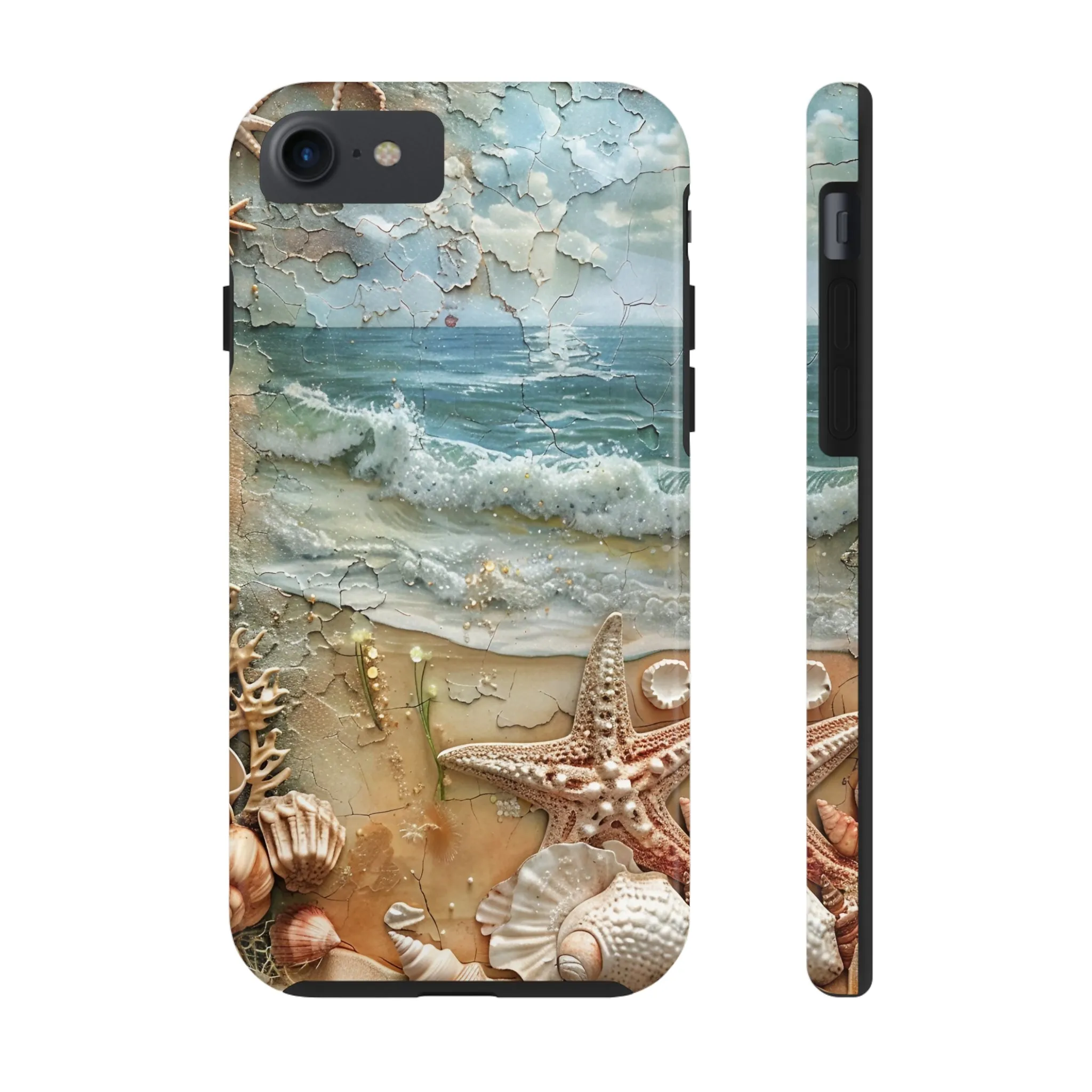 Beach Inspired iPhone Case, Ocean Waves Starfish Shell Art, Protective Phone Cover, Unique Coastal Design, Trendy Sea Life Accessory, Tough iPhone Case