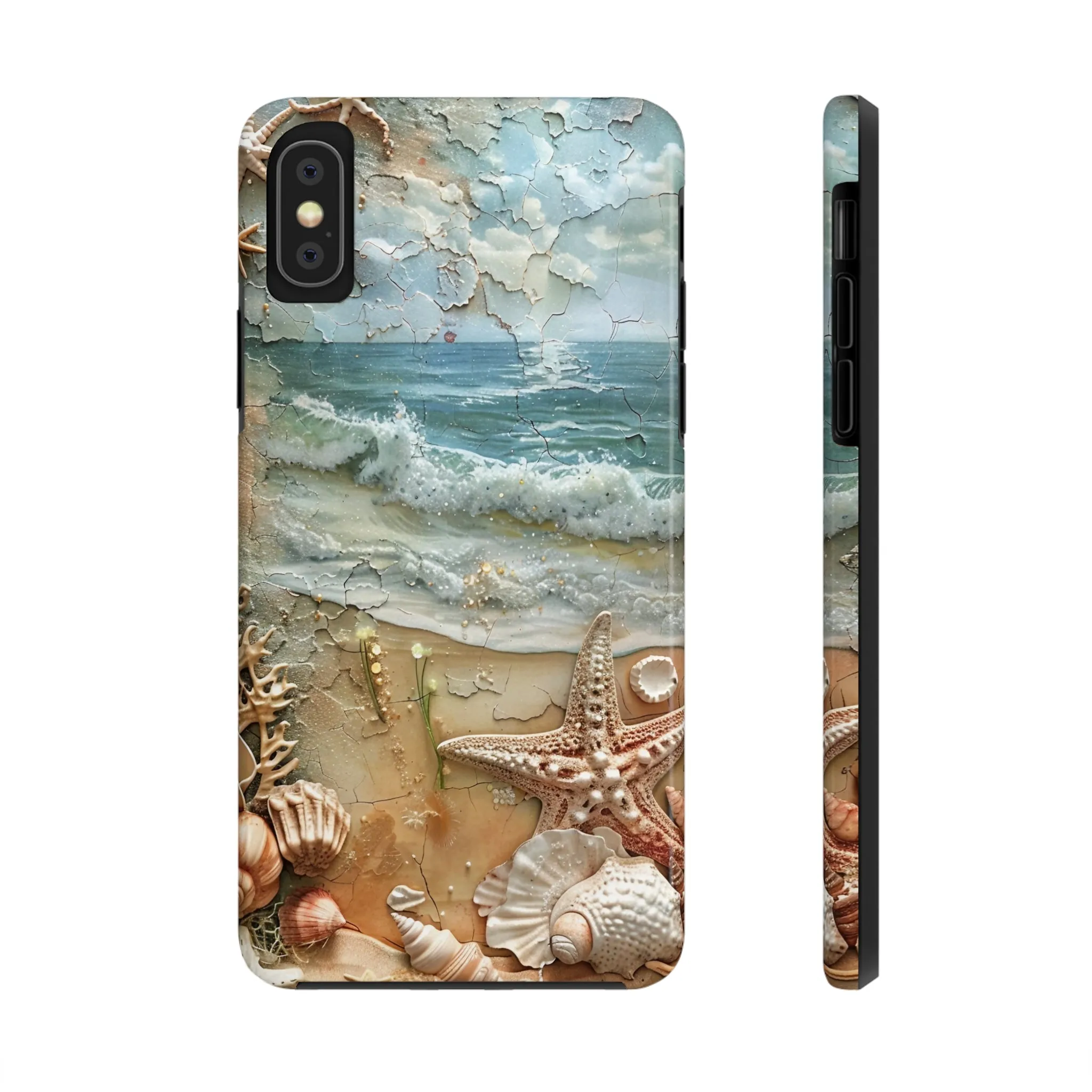 Beach Inspired iPhone Case, Ocean Waves Starfish Shell Art, Protective Phone Cover, Unique Coastal Design, Trendy Sea Life Accessory, Tough iPhone Case