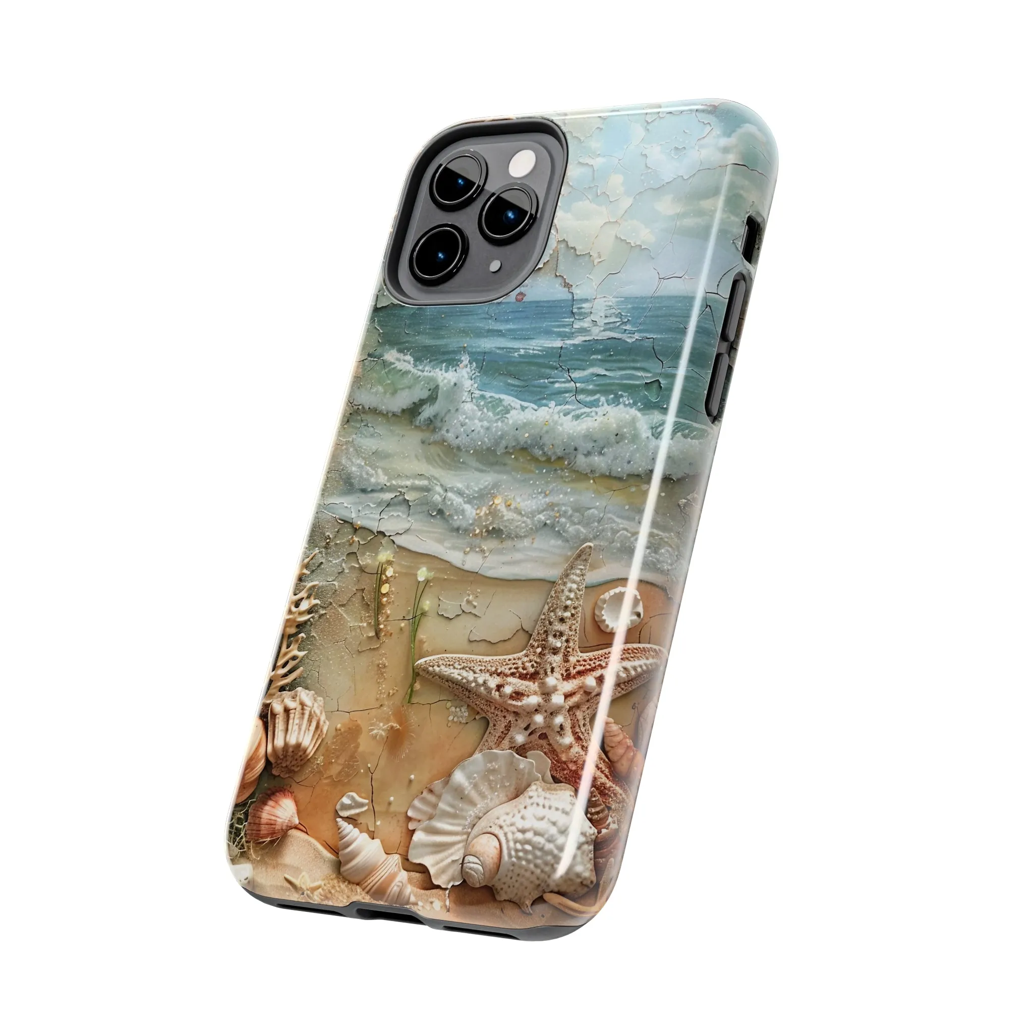 Beach Inspired iPhone Case, Ocean Waves Starfish Shell Art, Protective Phone Cover, Unique Coastal Design, Trendy Sea Life Accessory, Tough iPhone Case