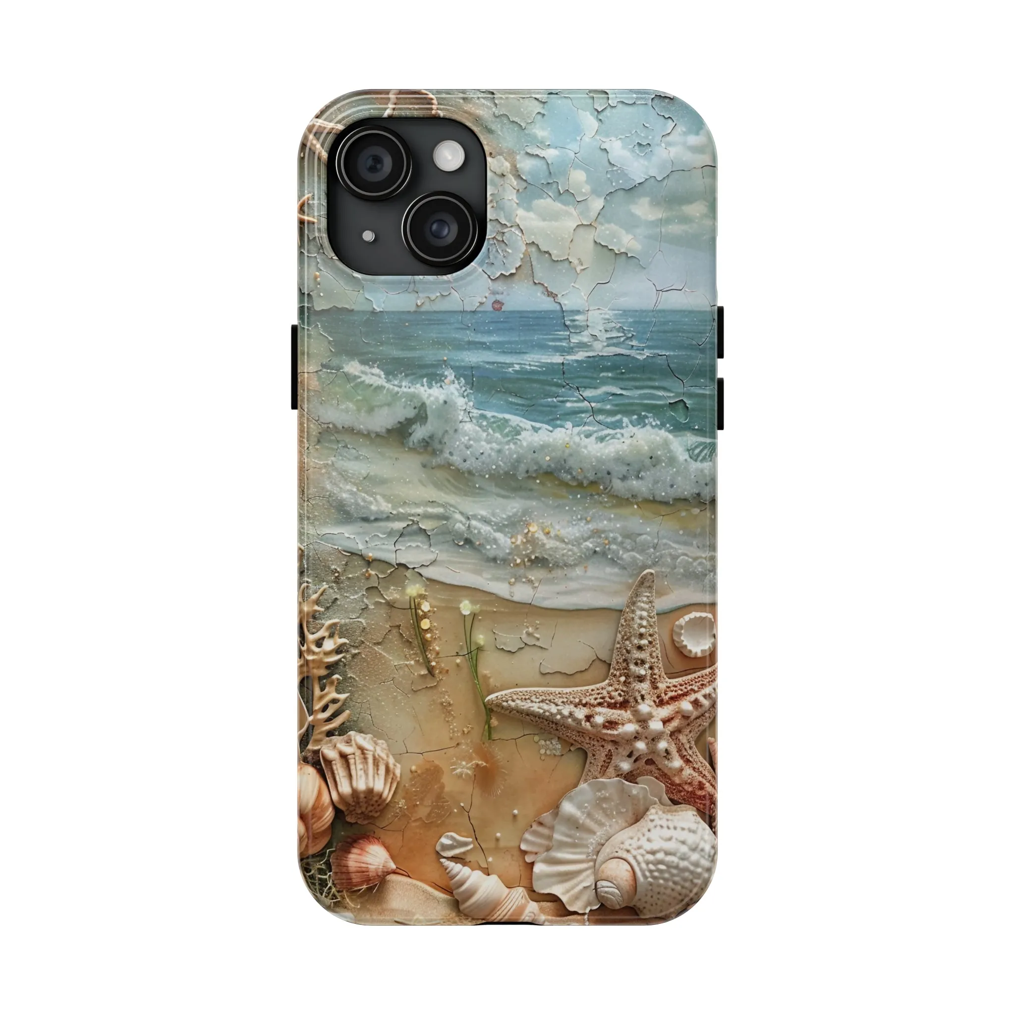 Beach Inspired iPhone Case, Ocean Waves Starfish Shell Art, Protective Phone Cover, Unique Coastal Design, Trendy Sea Life Accessory, Tough iPhone Case