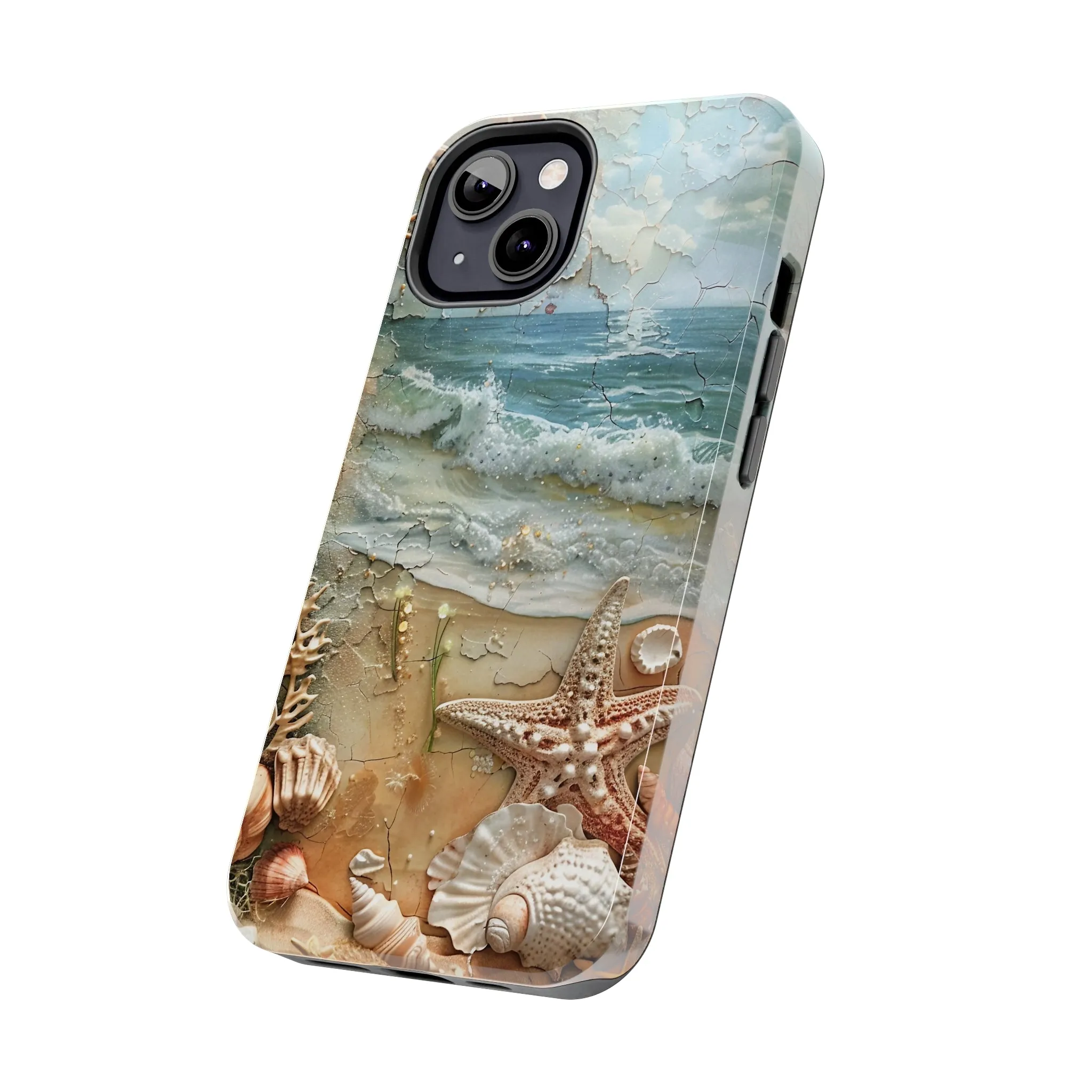 Beach Inspired iPhone Case, Ocean Waves Starfish Shell Art, Protective Phone Cover, Unique Coastal Design, Trendy Sea Life Accessory, Tough iPhone Case