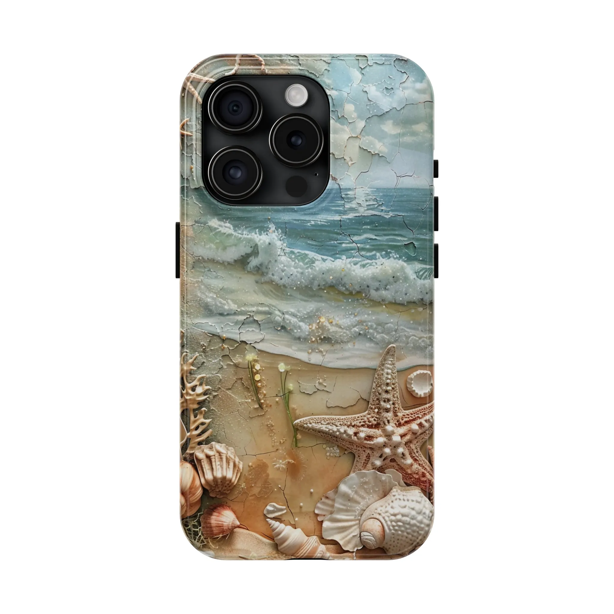 Beach Inspired iPhone Case, Ocean Waves Starfish Shell Art, Protective Phone Cover, Unique Coastal Design, Trendy Sea Life Accessory, Tough iPhone Case