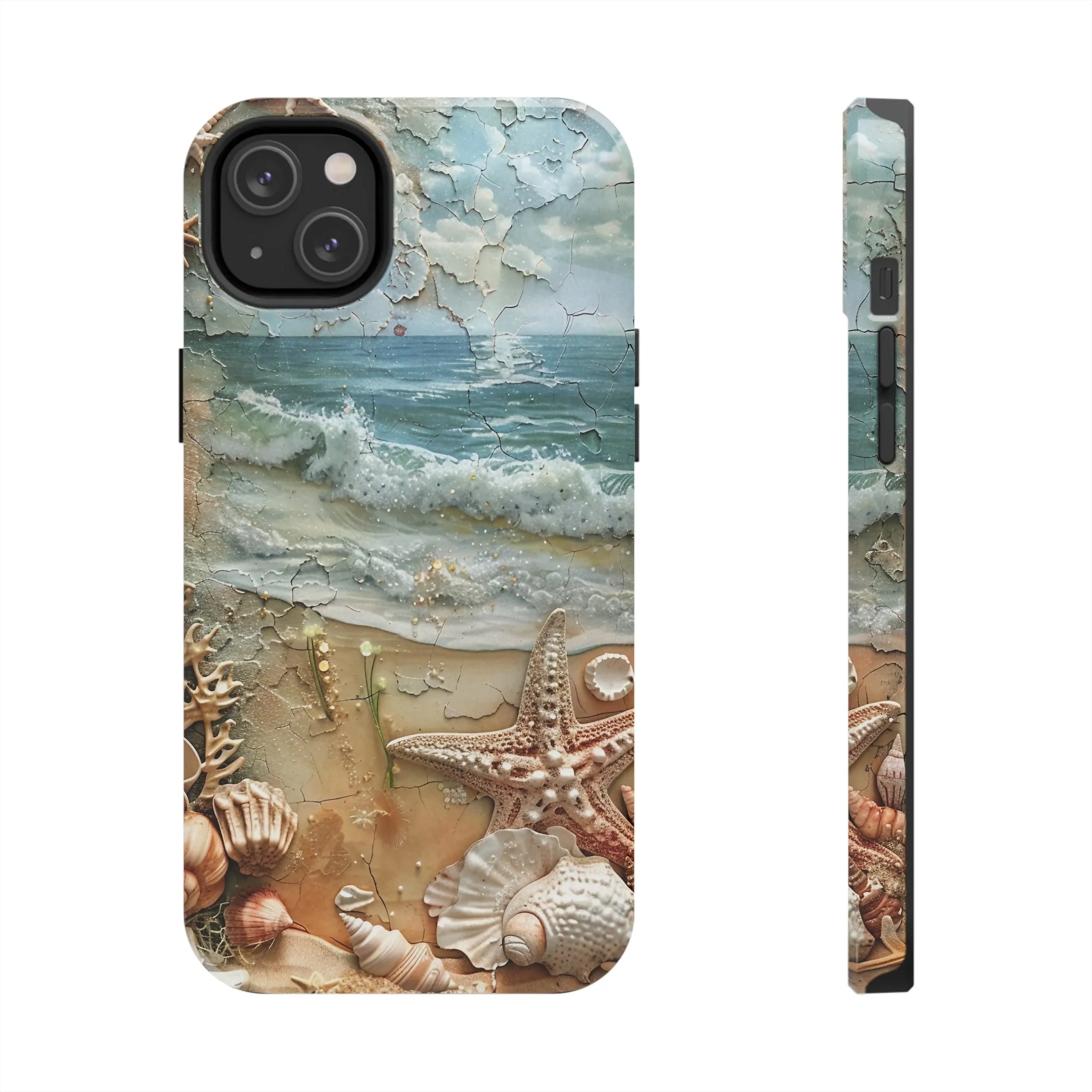 Beach Inspired iPhone Case, Ocean Waves Starfish Shell Art, Protective Phone Cover, Unique Coastal Design, Trendy Sea Life Accessory, Tough iPhone Case