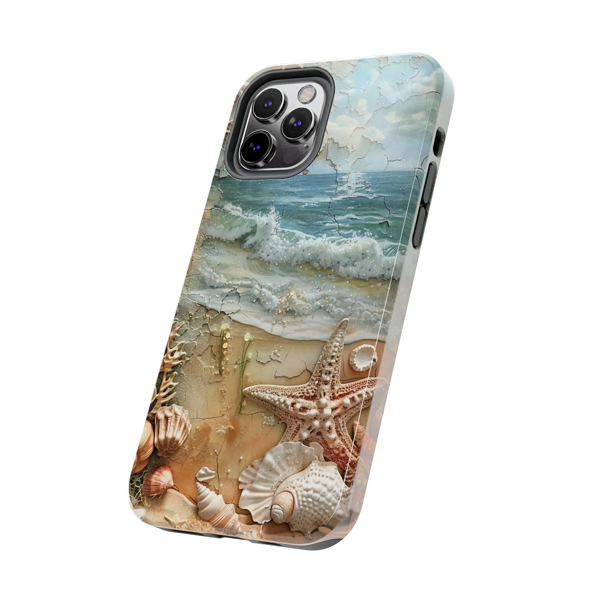 Beach Inspired iPhone Case, Ocean Waves Starfish Shell Art, Protective Phone Cover, Unique Coastal Design, Trendy Sea Life Accessory, Tough iPhone Case