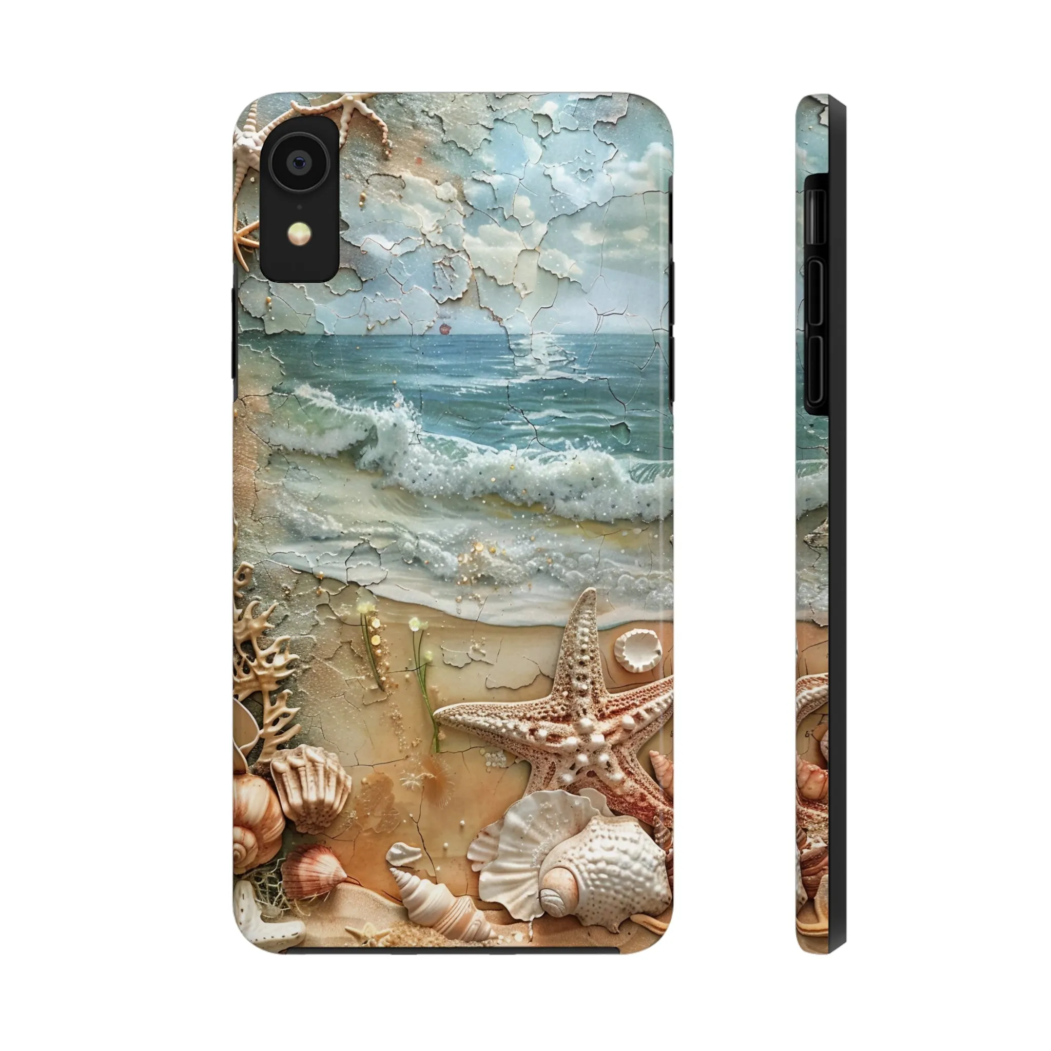 Beach Inspired iPhone Case, Ocean Waves Starfish Shell Art, Protective Phone Cover, Unique Coastal Design, Trendy Sea Life Accessory, Tough iPhone Case