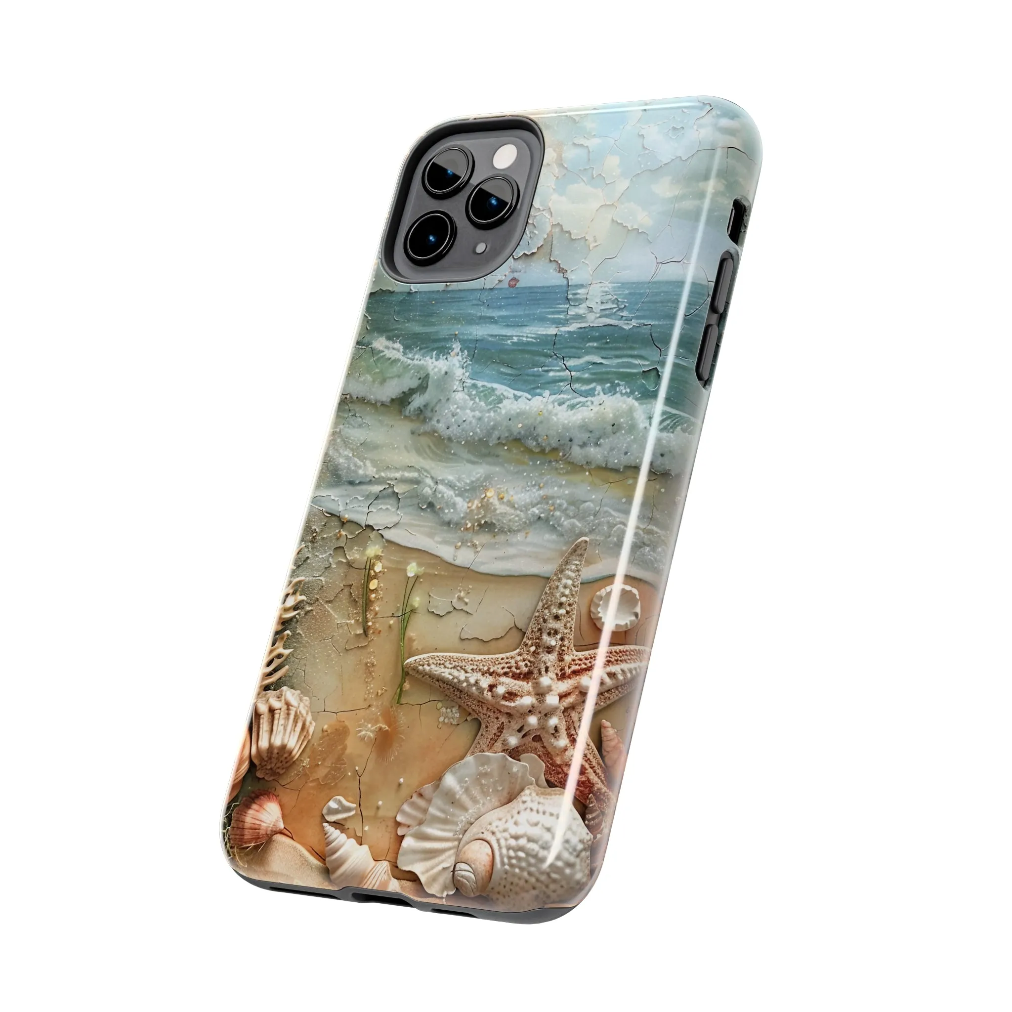 Beach Inspired iPhone Case, Ocean Waves Starfish Shell Art, Protective Phone Cover, Unique Coastal Design, Trendy Sea Life Accessory, Tough iPhone Case