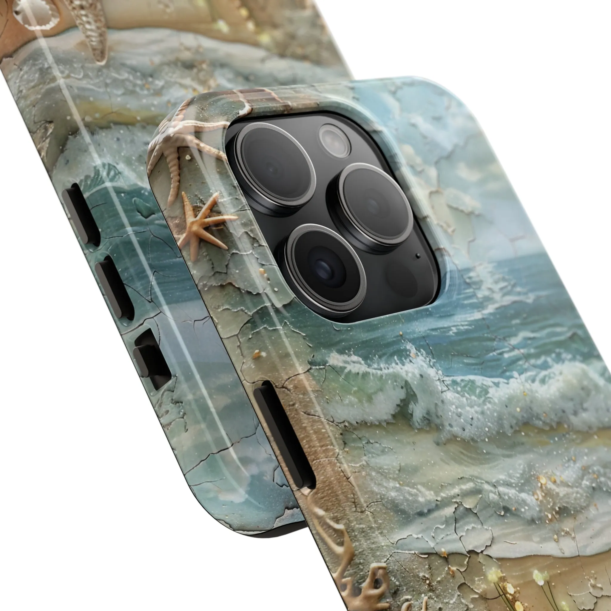 Beach Inspired iPhone Case, Ocean Waves Starfish Shell Art, Protective Phone Cover, Unique Coastal Design, Trendy Sea Life Accessory, Tough iPhone Case