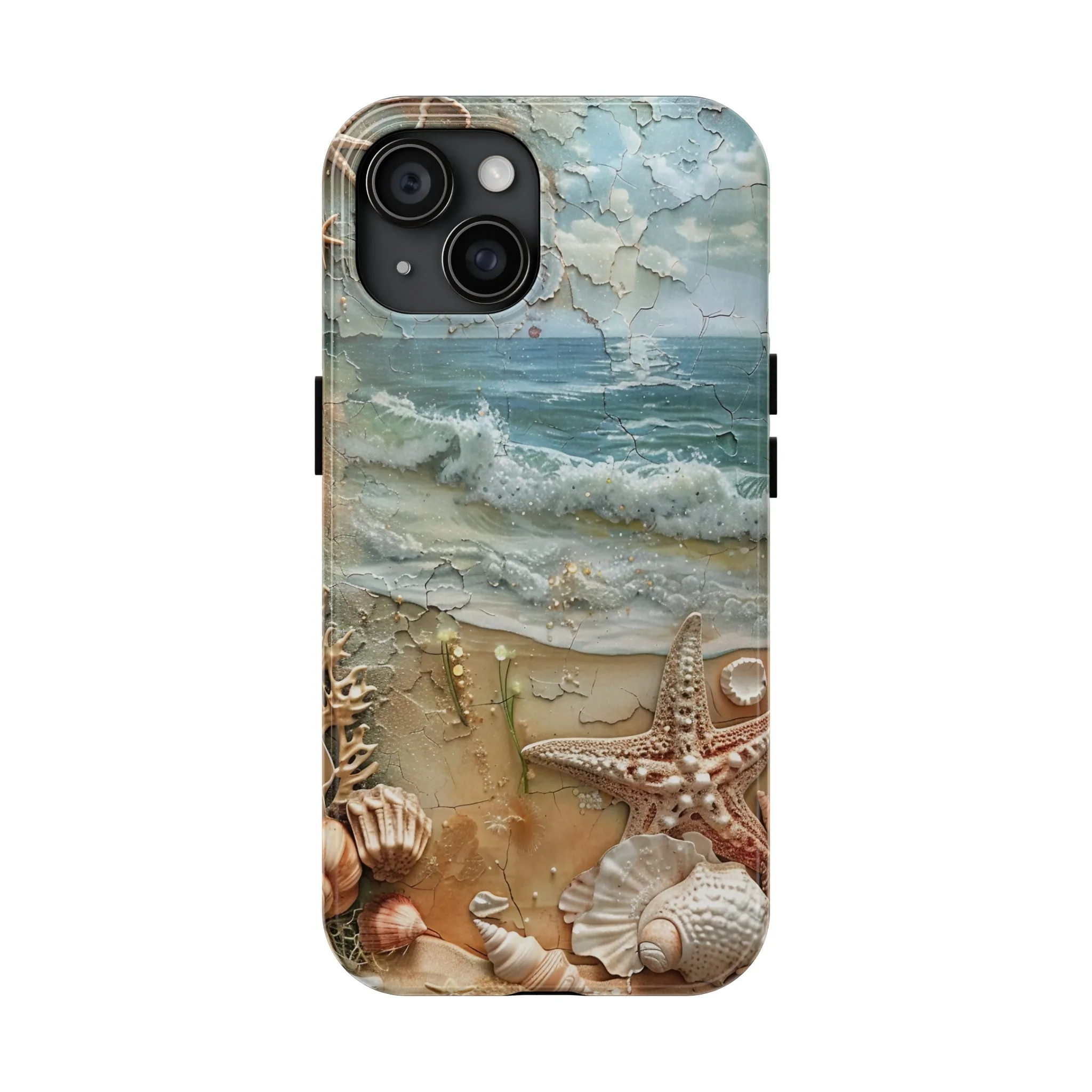 Beach Inspired iPhone Case, Ocean Waves Starfish Shell Art, Protective Phone Cover, Unique Coastal Design, Trendy Sea Life Accessory, Tough iPhone Case