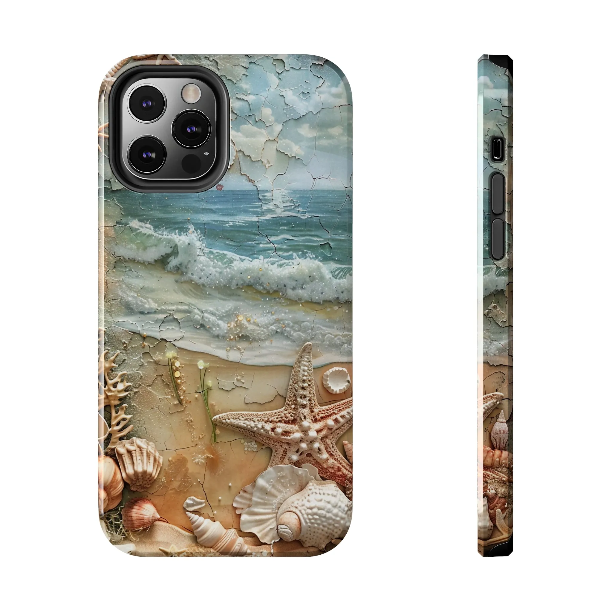 Beach Inspired iPhone Case, Ocean Waves Starfish Shell Art, Protective Phone Cover, Unique Coastal Design, Trendy Sea Life Accessory, Tough iPhone Case