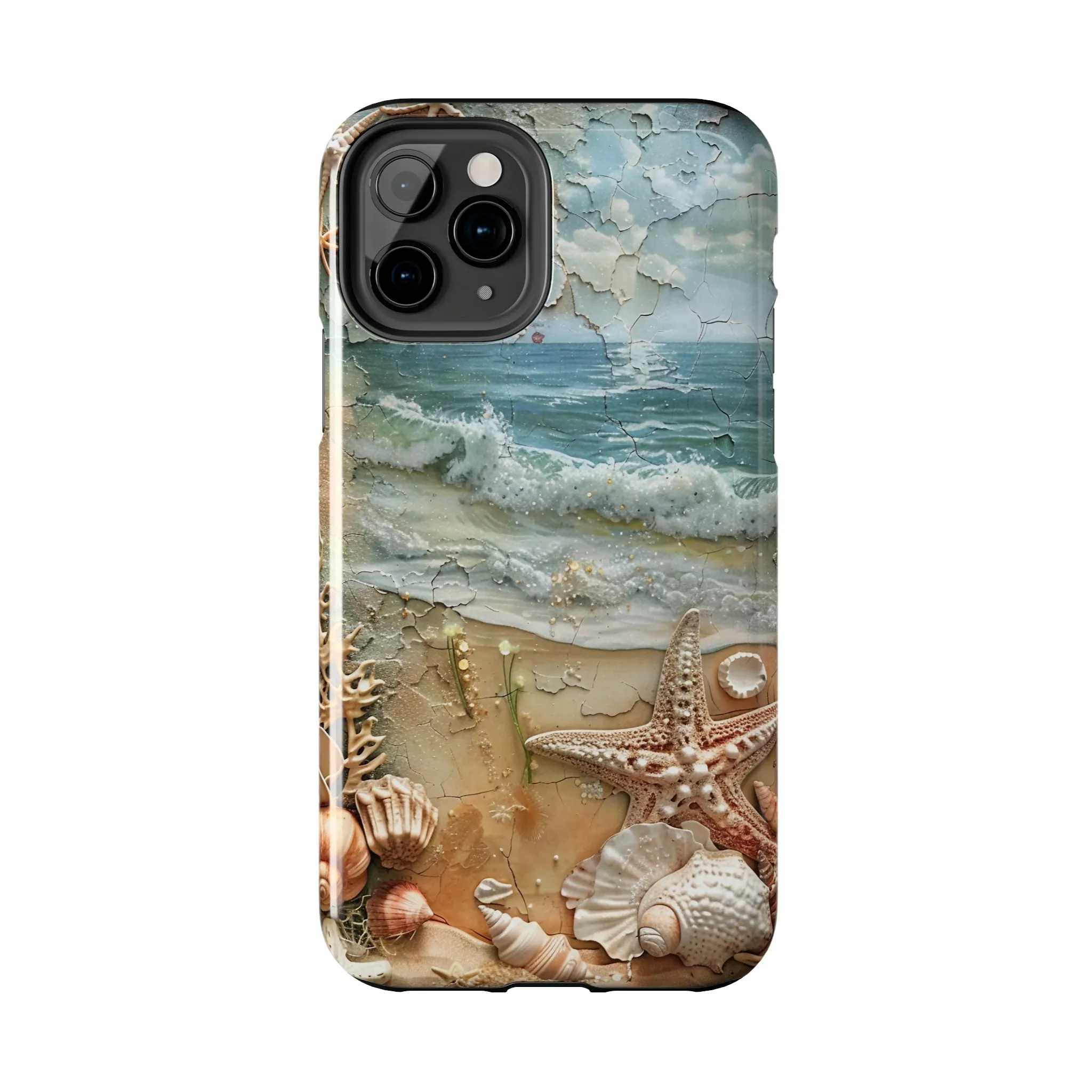 Beach Inspired iPhone Case, Ocean Waves Starfish Shell Art, Protective Phone Cover, Unique Coastal Design, Trendy Sea Life Accessory, Tough iPhone Case