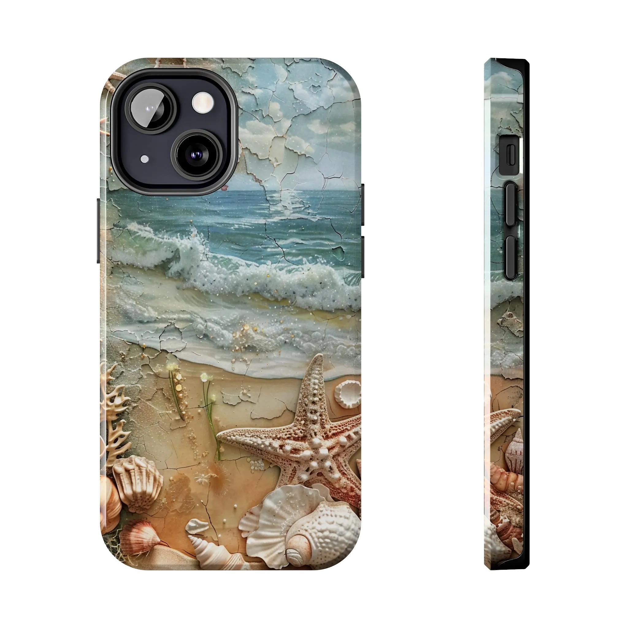 Beach Inspired iPhone Case, Ocean Waves Starfish Shell Art, Protective Phone Cover, Unique Coastal Design, Trendy Sea Life Accessory, Tough iPhone Case