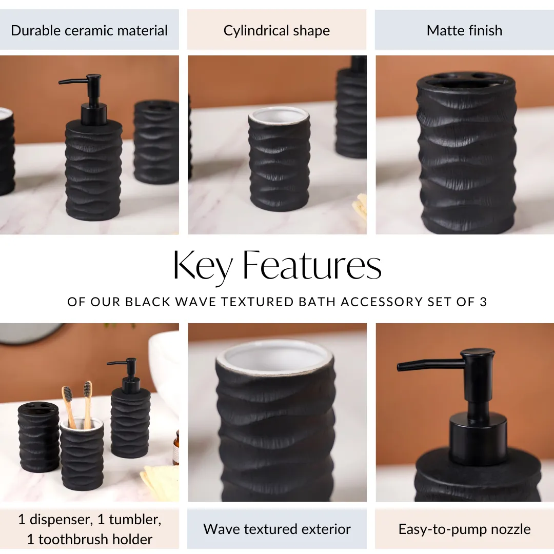 Black Matte Wave Bath Accessory Set Of 3