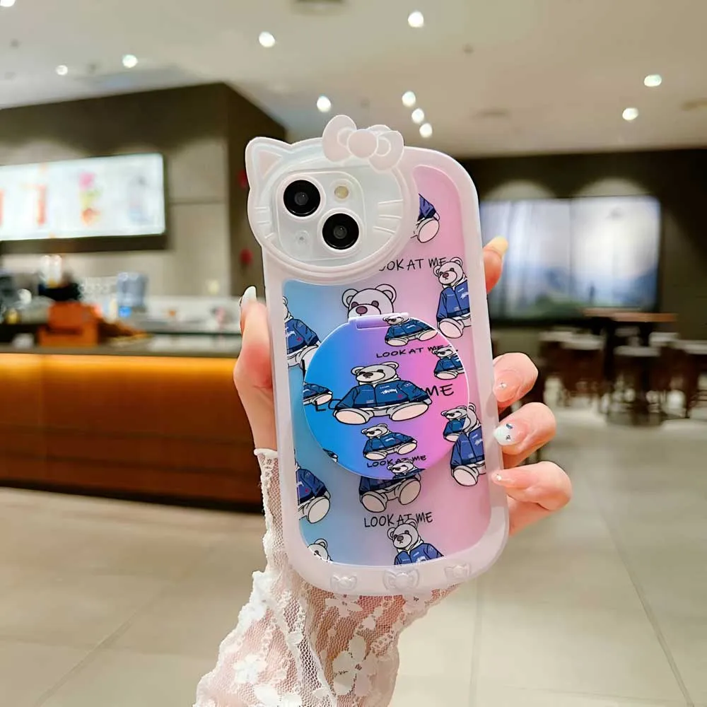 Cartoon Cat Printed TPU Camera Protection Cover with Mirror Stand - iPhone 11