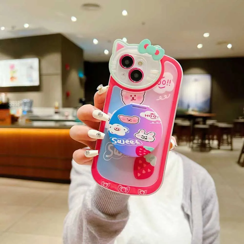 Cartoon Cat Printed TPU Camera Protection Cover with Mirror Stand - iPhone 11