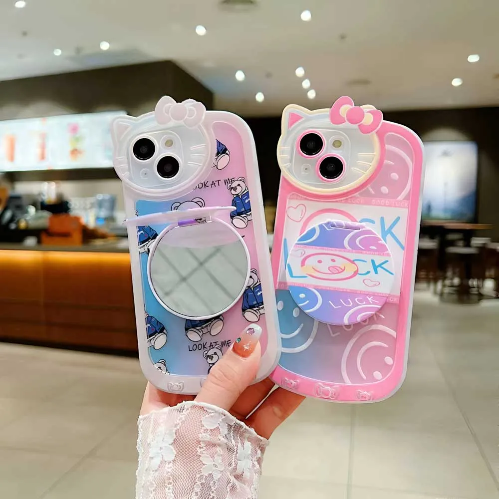 Cartoon Cat Printed TPU Camera Protection Cover with Mirror Stand - iPhone 11